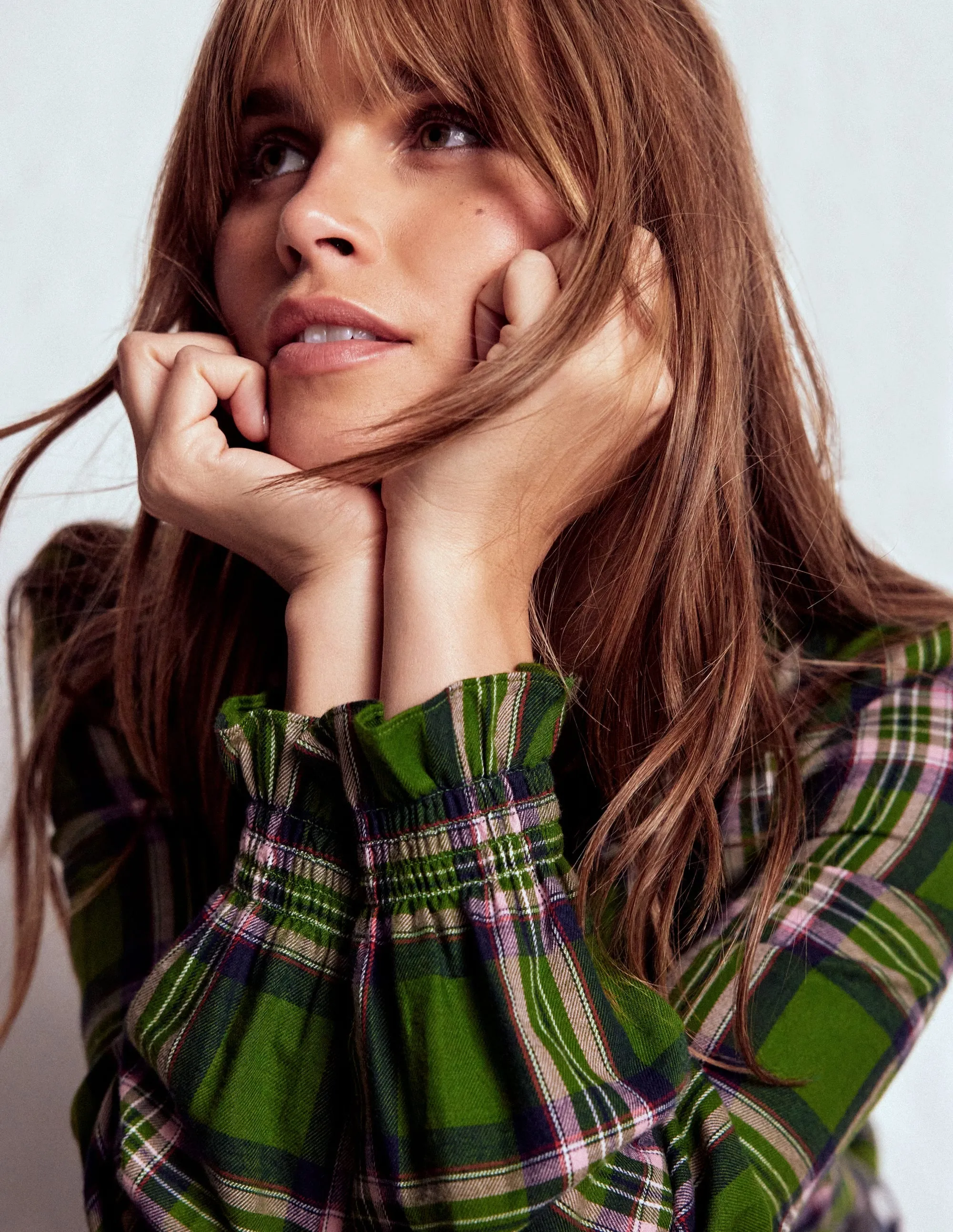 Non Restrictive Armhole Lorna Brushed Cotton Top-Green, Navy & Pink Check