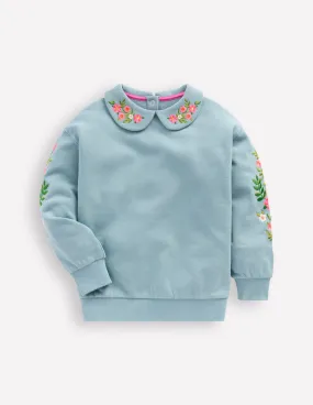 Embroidered Sweatshirt-Glacier Blue Embroidery RibbedTrims