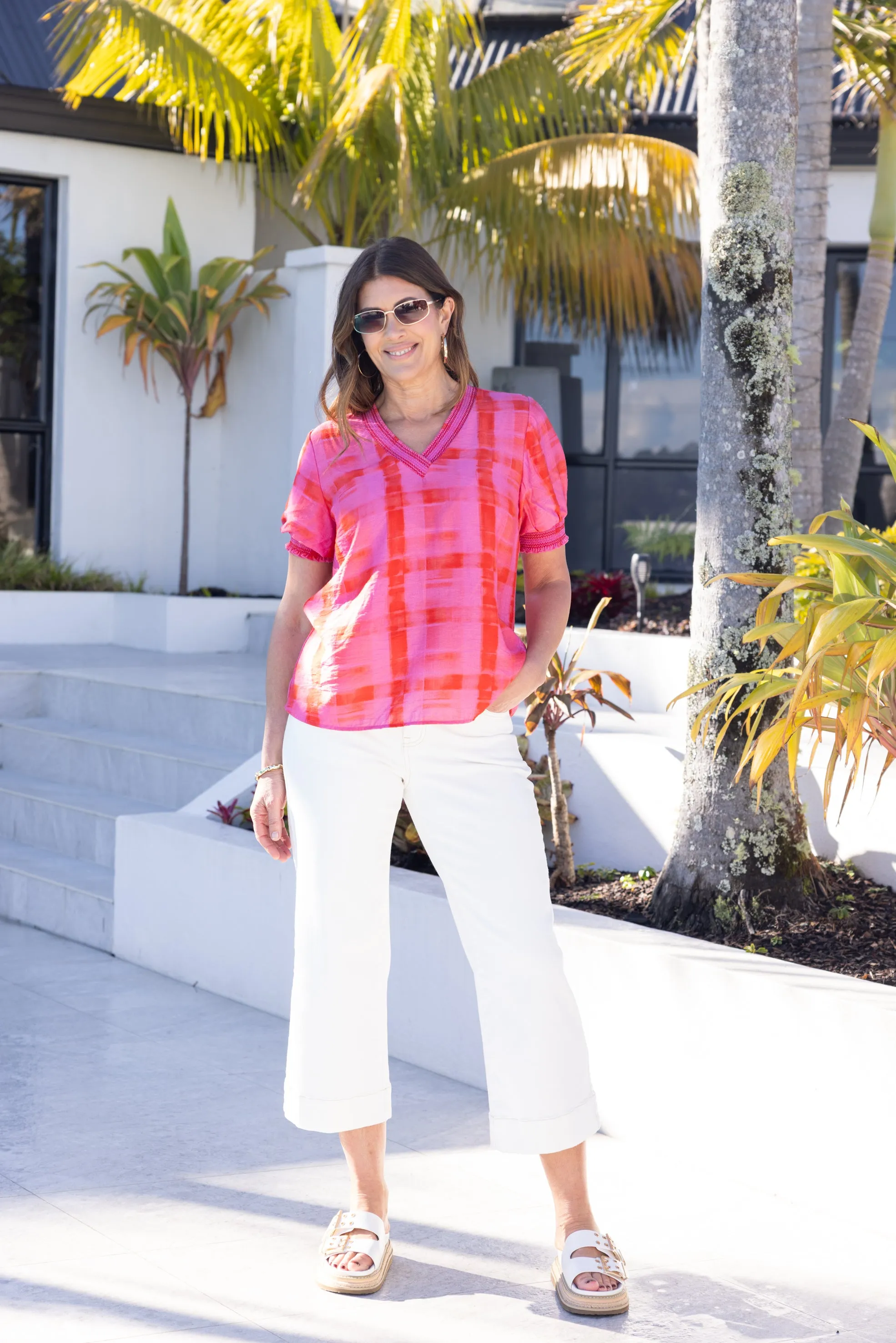 MultiPanel Design Gloss The Label Stacy Shirred Detail Top Pink Red Check