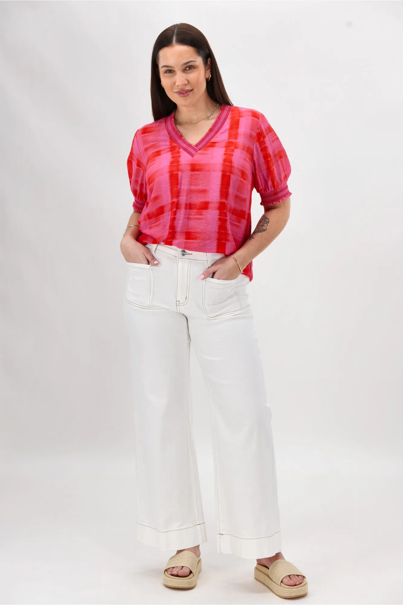 Gloss The Label Stacy Shirred Detail Top Pink Red Check Retro design