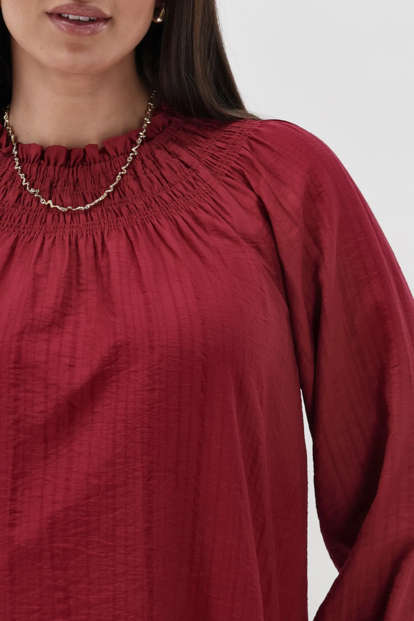 Gloss The Label Raewyn Shirred Neck Top Cranberry Relaxed Dress