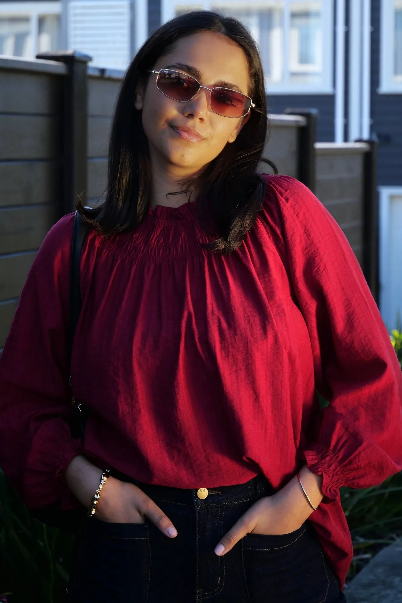 Bonded Seam Technique Tagless Comfort Gloss The Label Raewyn Shirred Neck Top Cranberry