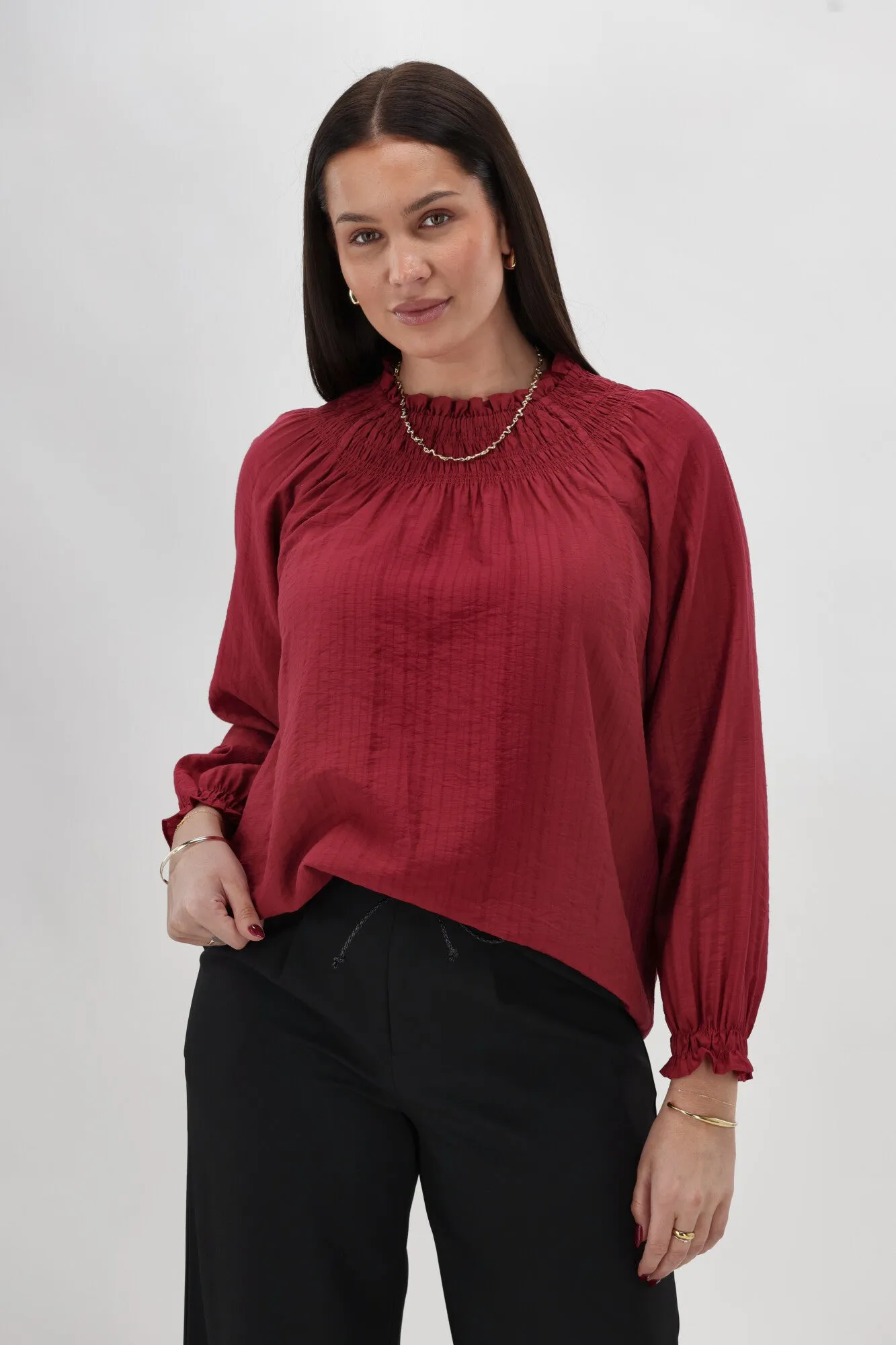 WaterResistant Gloss The Label Raewyn Shirred Neck Top Cranberry