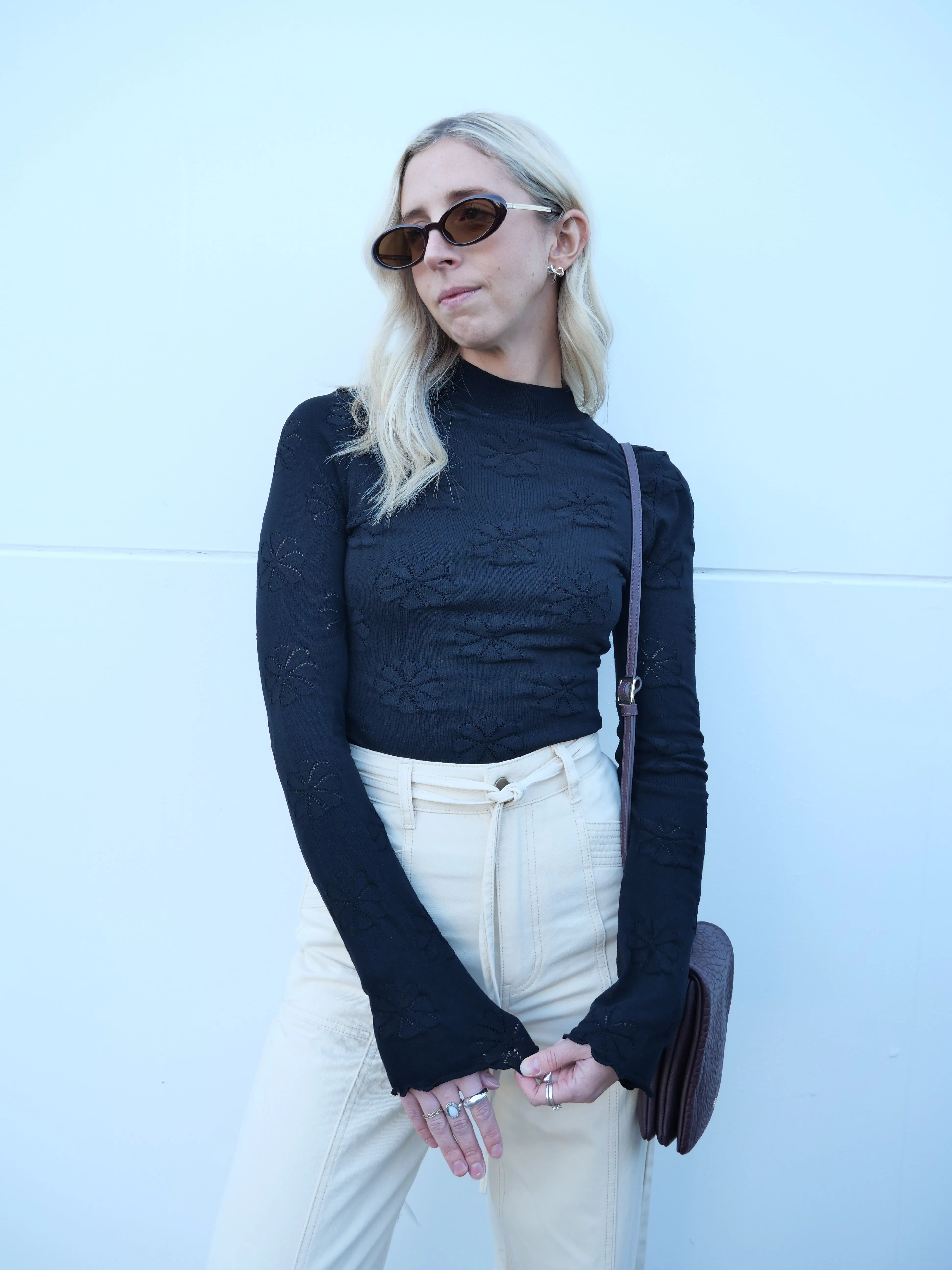 Minkpink Bowie Pointelle Skivvy Top Black Light Reflective Printing VentilatedMeshPaneling