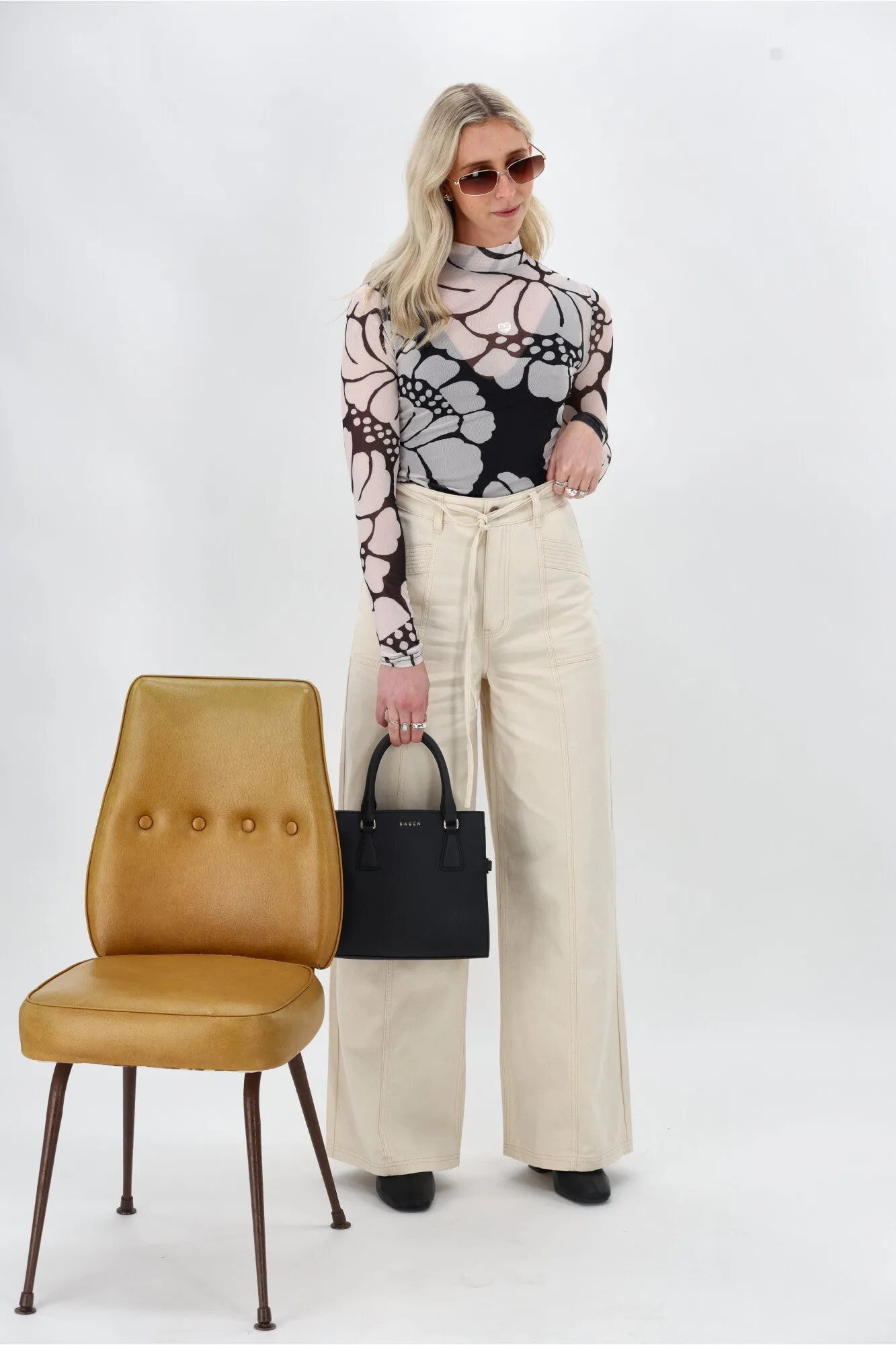 Non Restrictive Cut DropShoulderConstruction Minkpink Persephone Mesh Skivvy Top Black - Floral