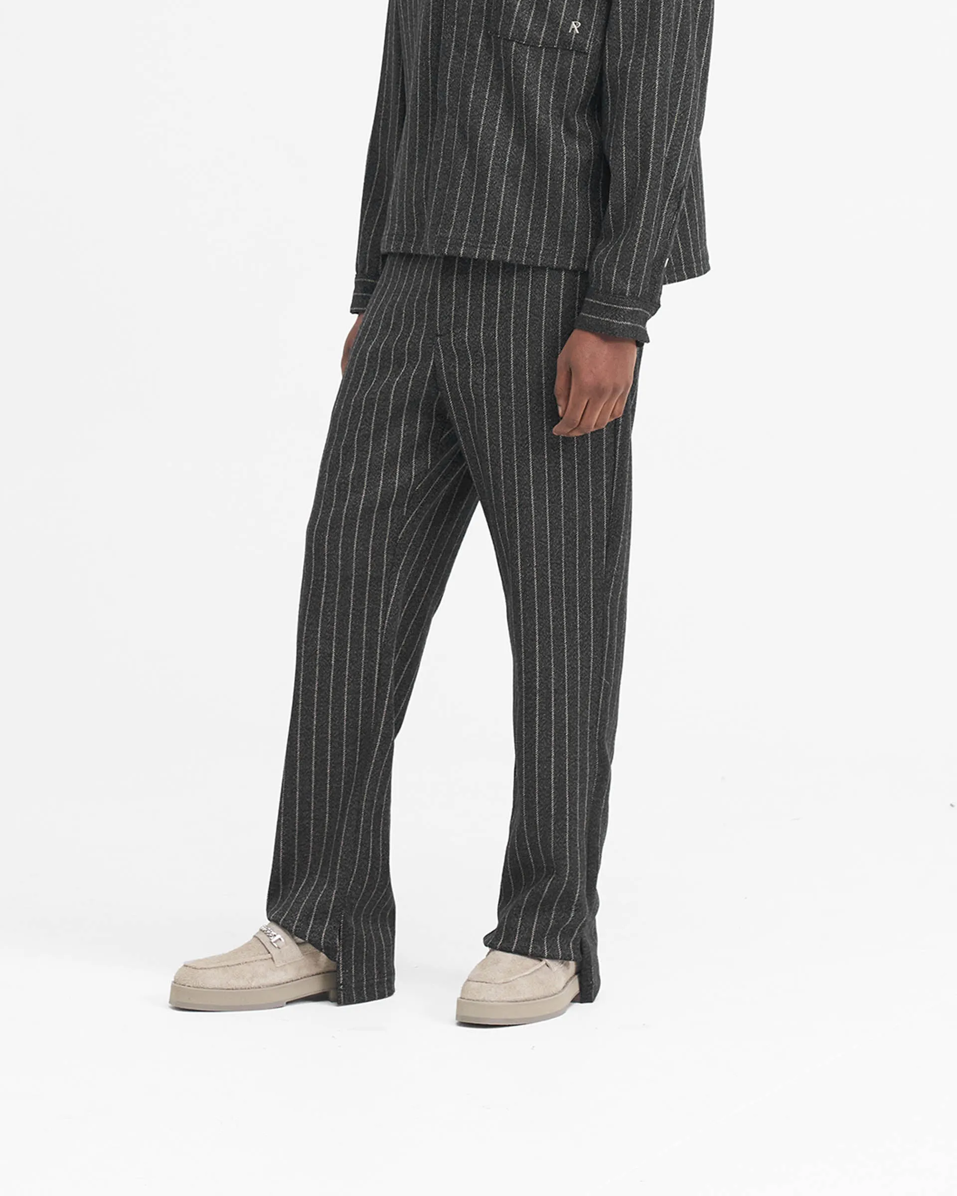 Chilly Weather Fit Flexible Ankle Cuffs Stepped Hem Pant - Black Pinstripe