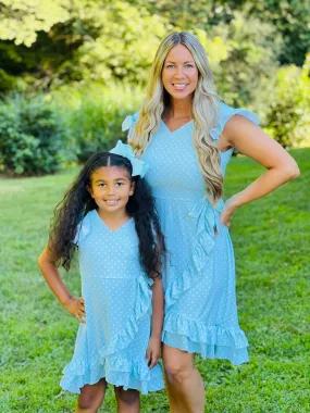 Bless Glow Softly Structured Mom & Me Robins Egg Blue Polka Dot Wrap Ruffle Dress