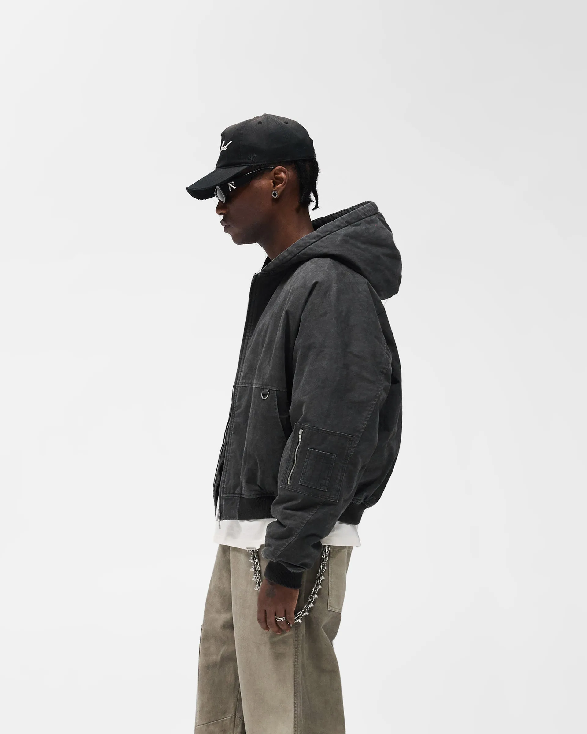 Comfortable lining mesh ventilation Hooded Bomber - Washed Black