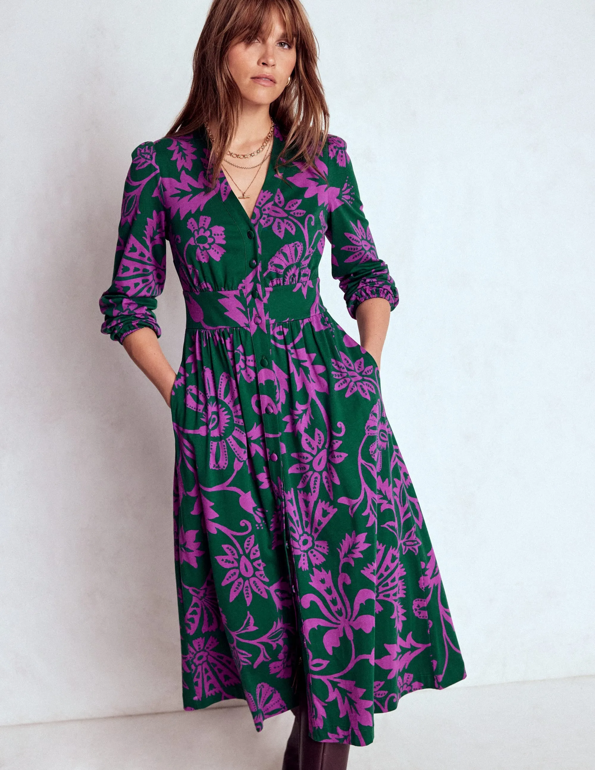 Natalia Long Sleeve Tea Dress-Emerald Night, Elaborate Vine Office Tone