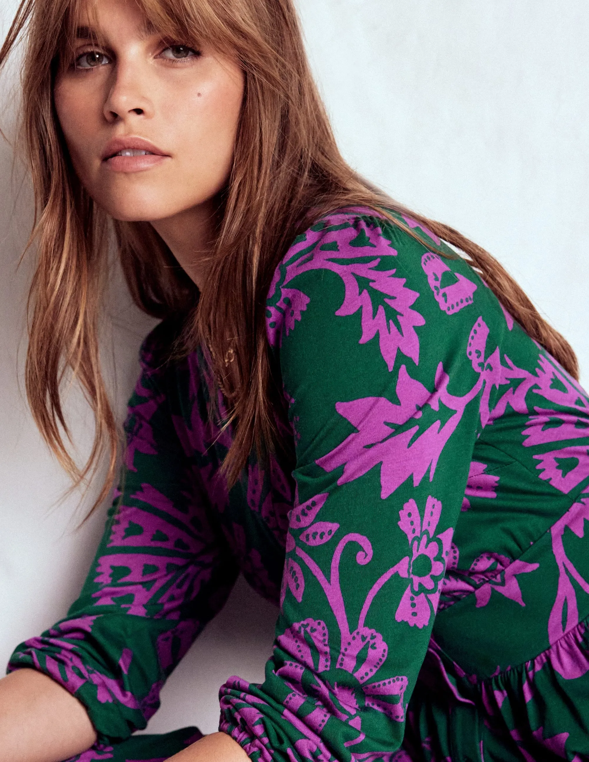 Natalia Long Sleeve Tea Dress-Emerald Night, Elaborate Vine Neutral Look