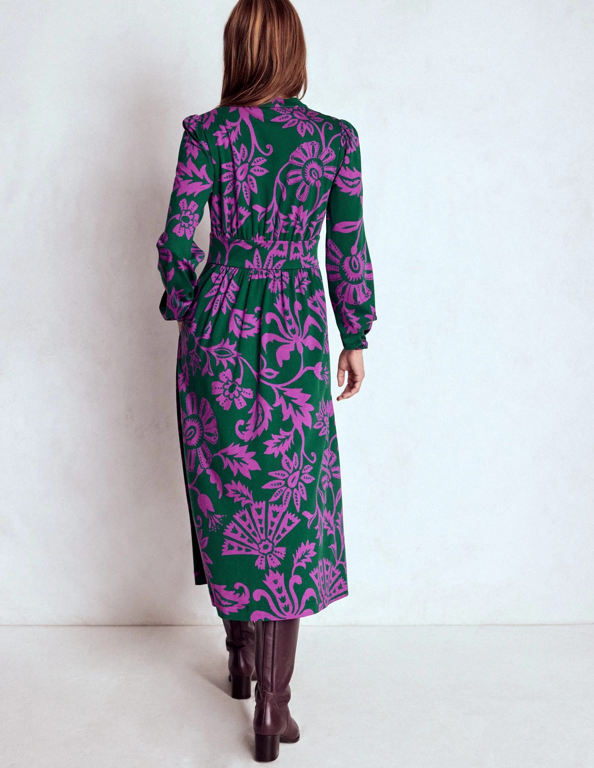 Gender Fluid Natalia Long Sleeve Tea Dress-Emerald Night, Elaborate Vine