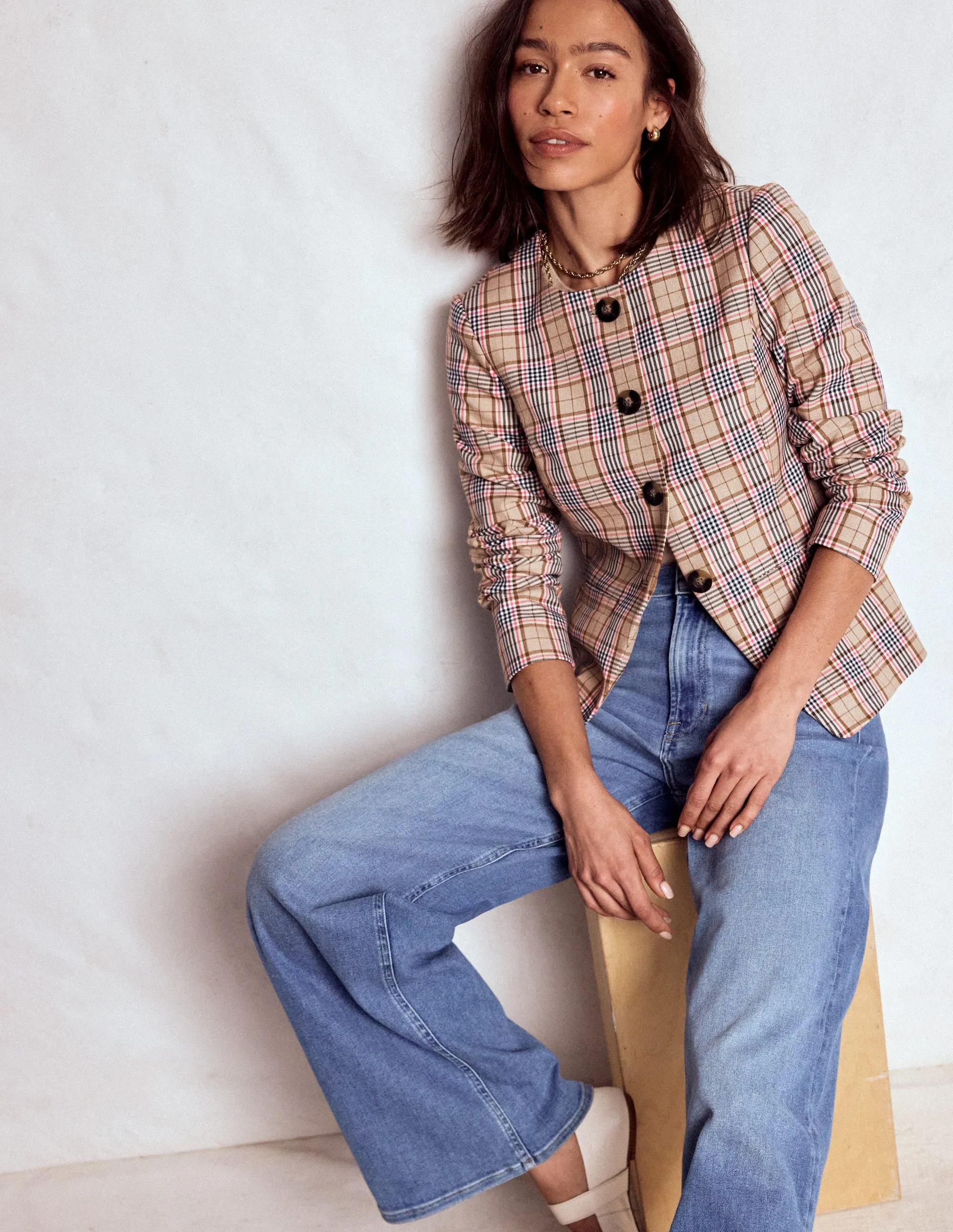 Hampstead Blazer-Brown, Pink & Navy  Check Seamless Shoulder Construction