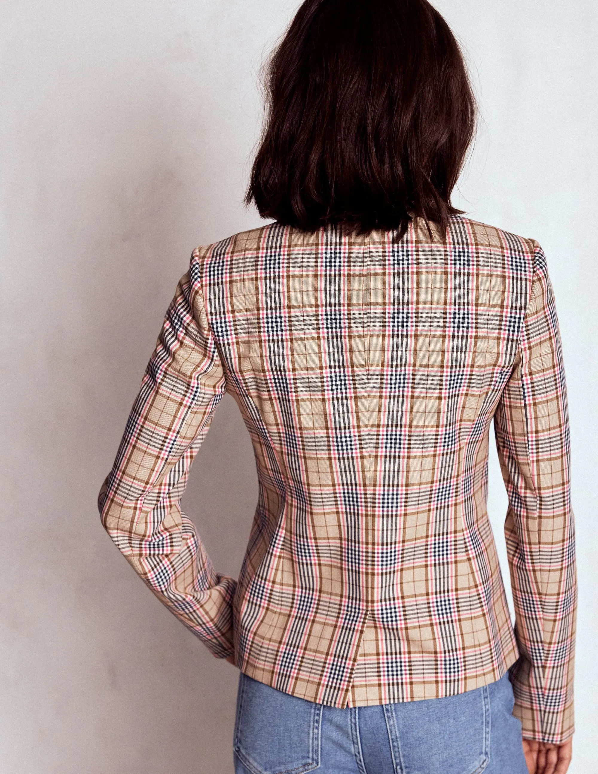 Waterproof Stitch Details Button Fastenings Hampstead Blazer-Brown, Pink & Navy  Check