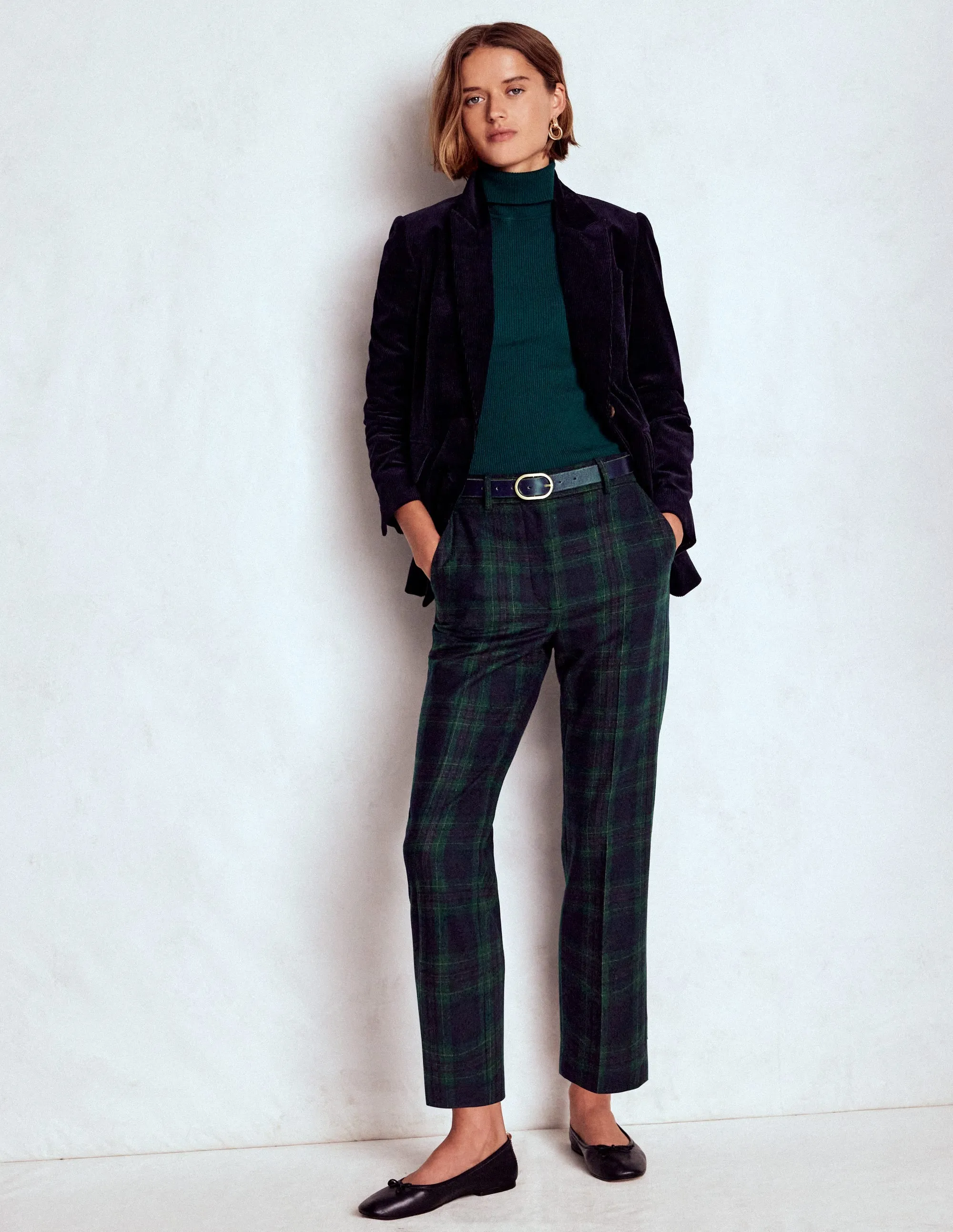Canonbury Wool Trousers-Navy and Green Tonal Check All Purpose Wear
