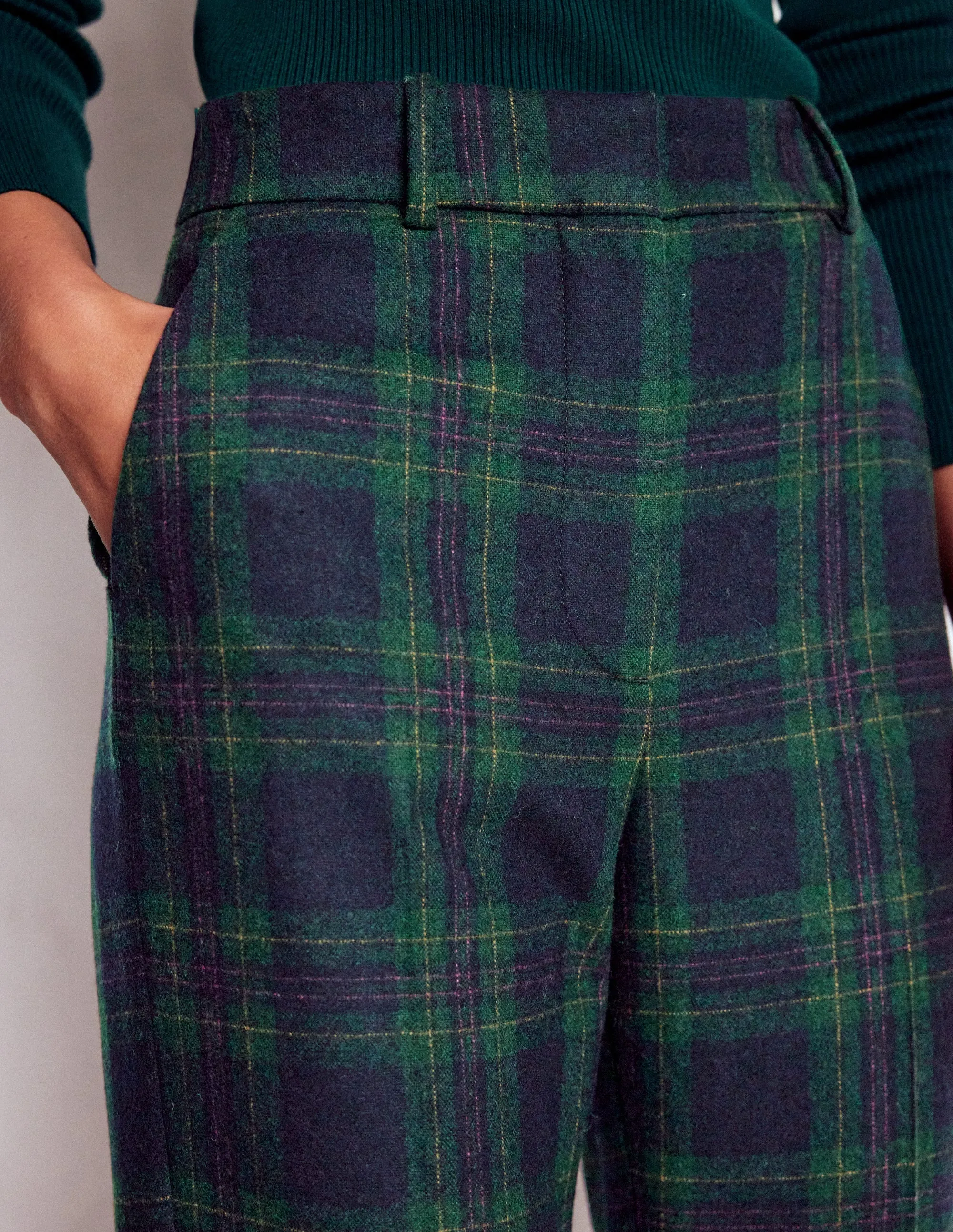 Canonbury Wool Trousers-Navy and Green Tonal Check Comfort Fit Wear