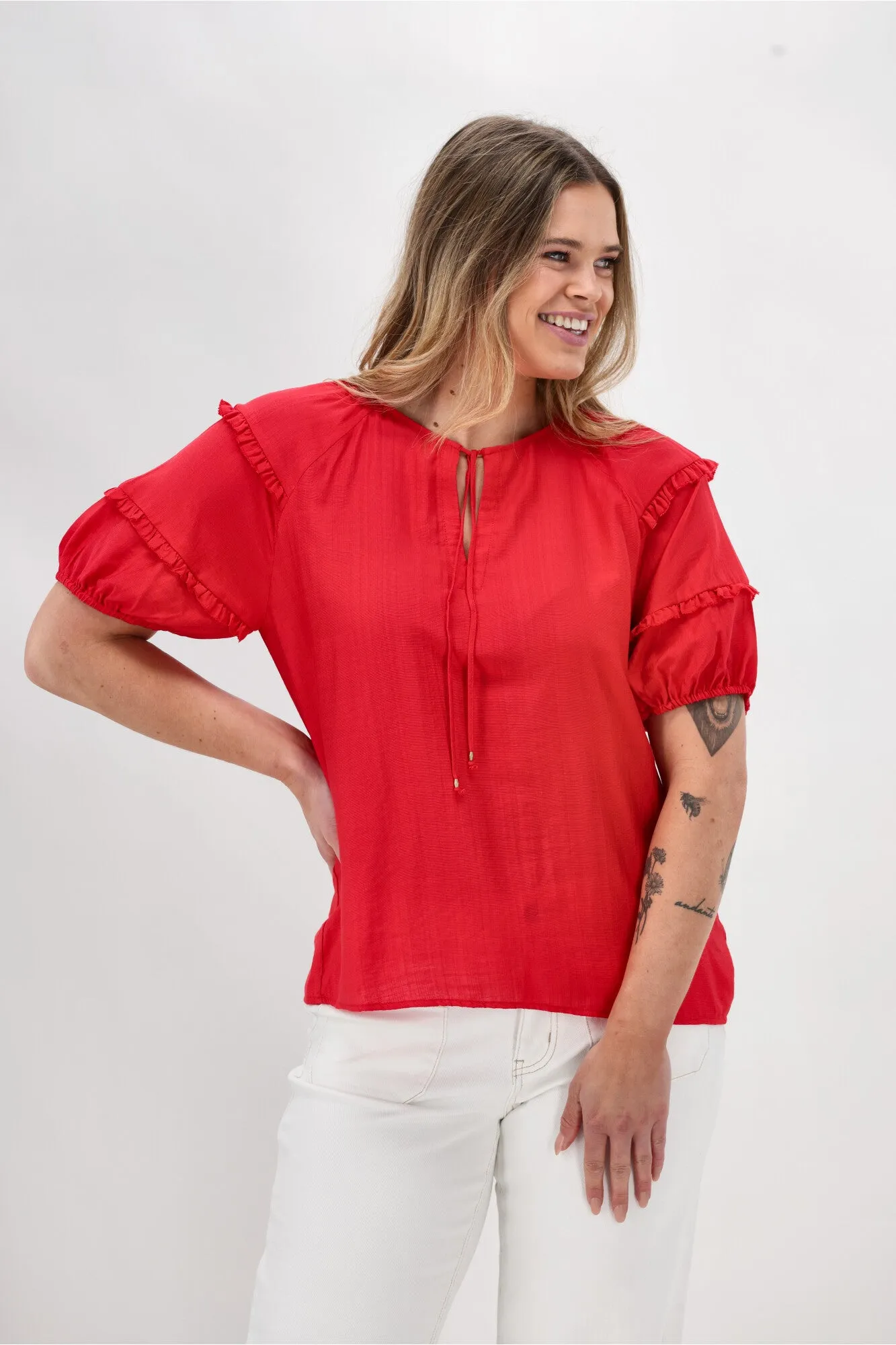FourWay Stretch Gloss The Label Clea Frill Detail Puff Sleeve Top Coral
