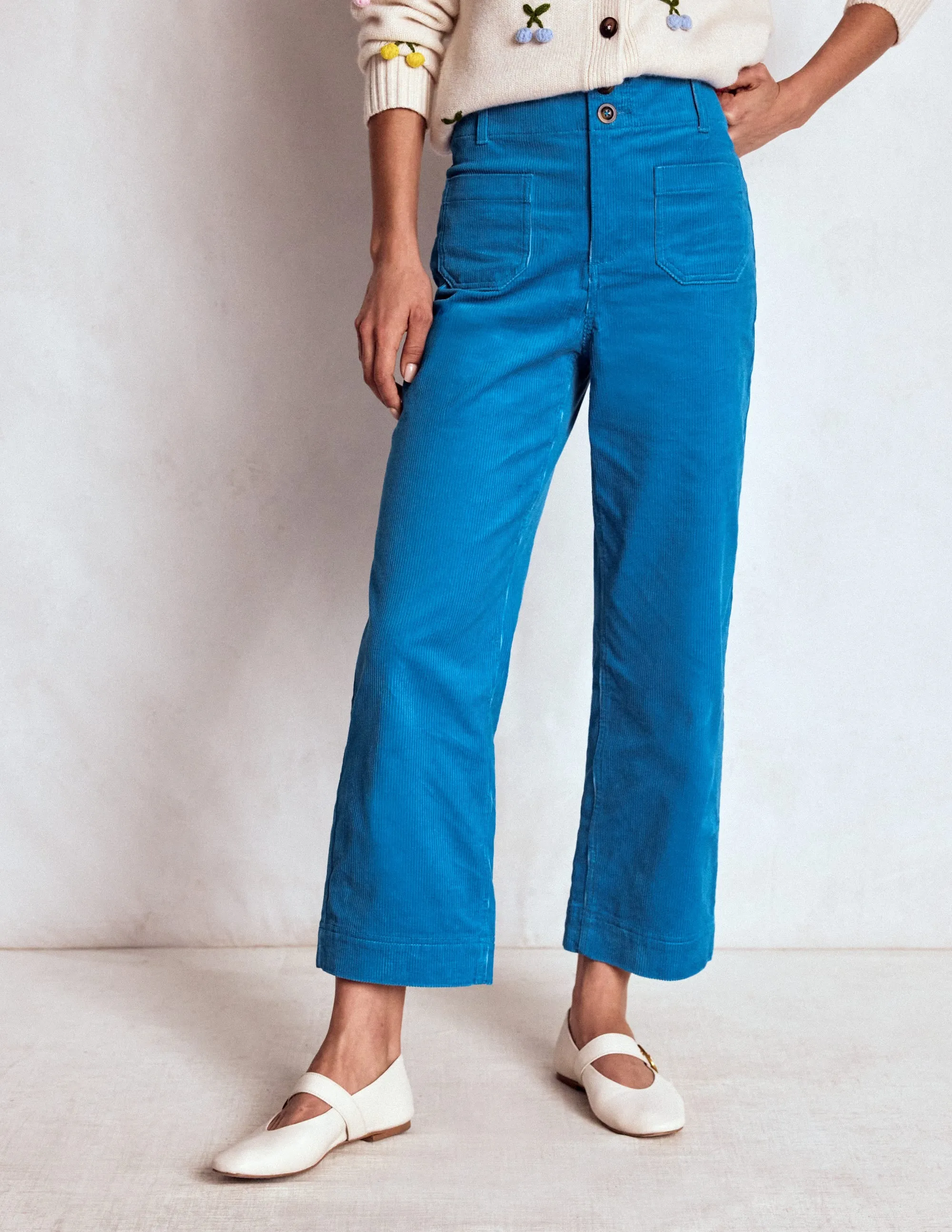Primrose Cord Trousers-Bright Blue Reflective details