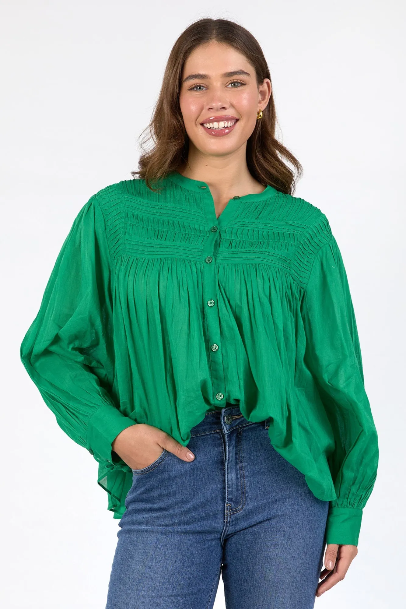 Ribbed Collar Style Elm Montana Blouse Pine Green