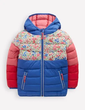 Pack-away Padded Jacket-Floral Colourblock RibbedTrims QuickDry Fabric