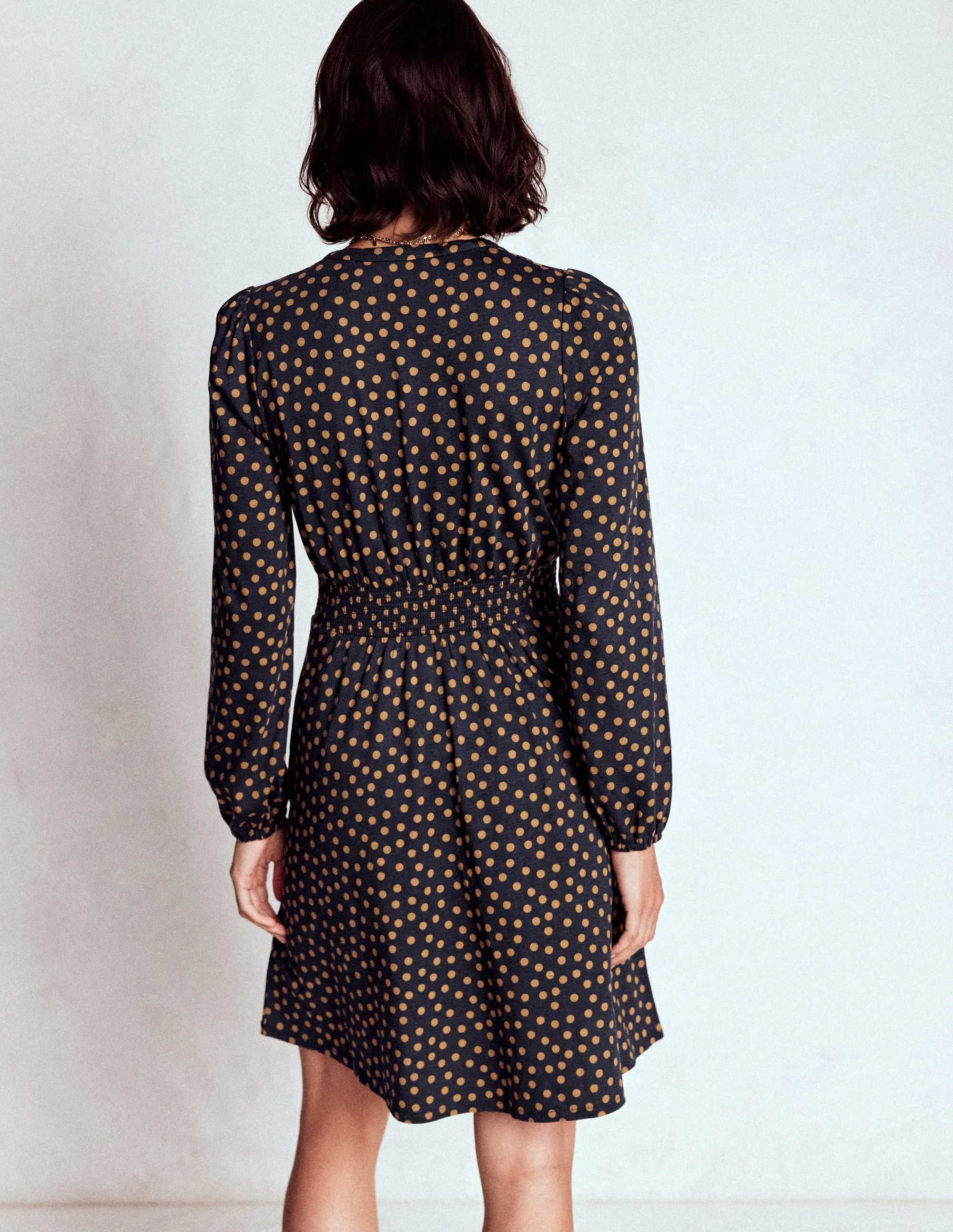 Soft-touch Layerable Piece Sarah Short Jersey Dress-French Navy, Dijon Dot