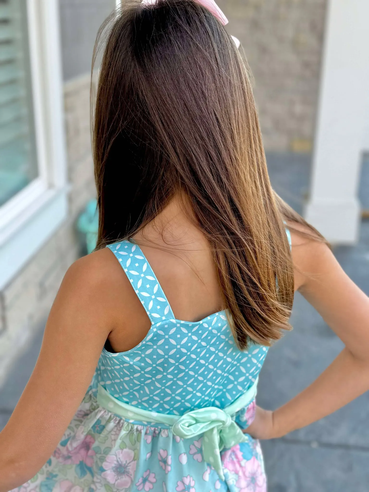 Aqua & Mint Floral Patchwork Ruffle Dress Matte Fabric