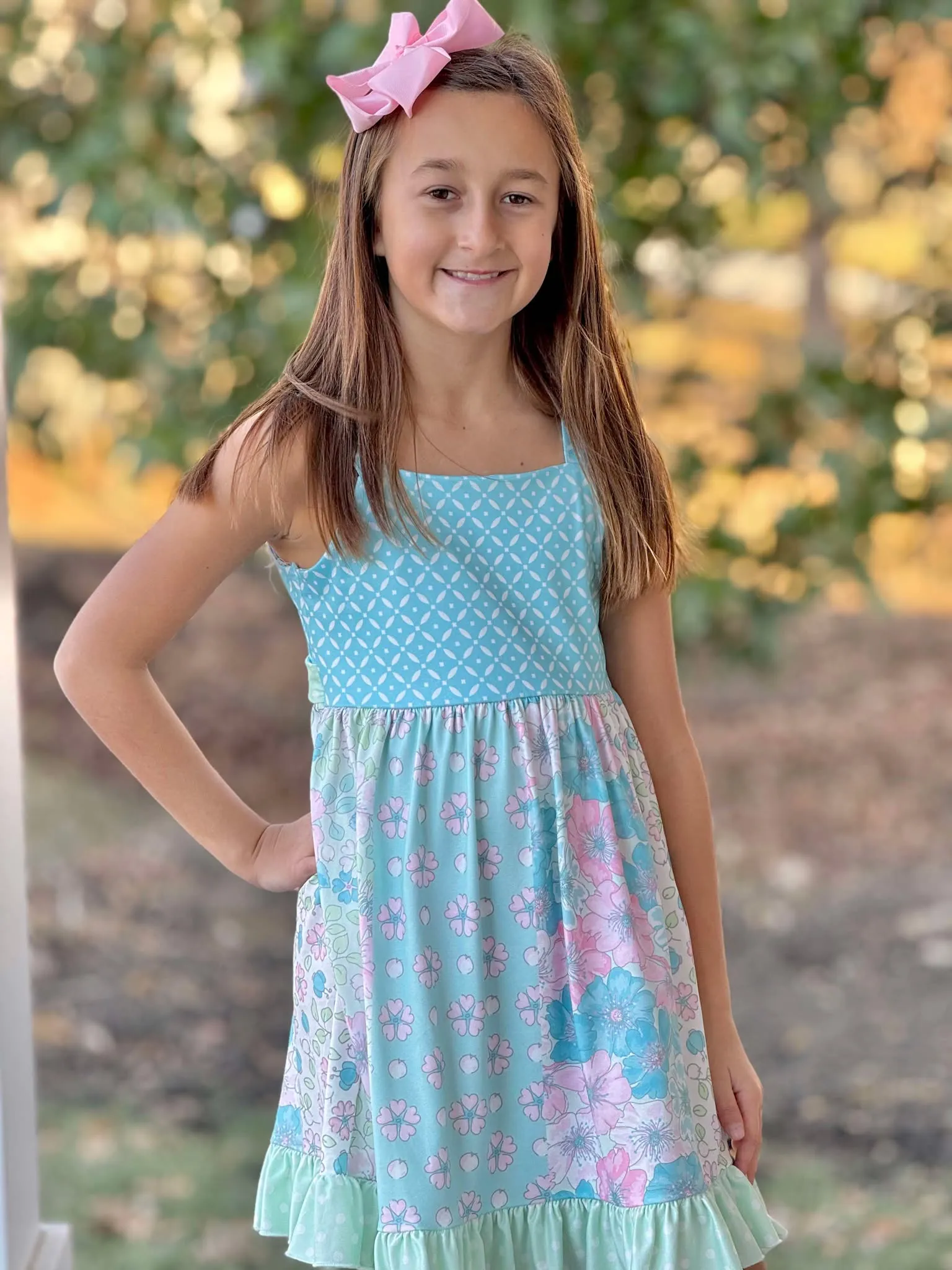 Vibrant Look Lounge Ready Aqua & Mint Floral Patchwork Ruffle Dress