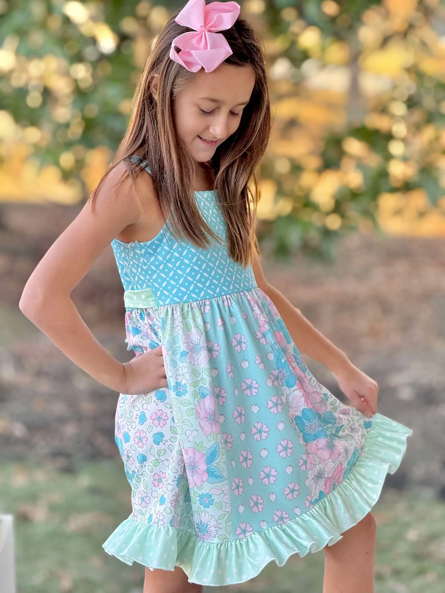 Aqua & Mint Floral Patchwork Ruffle Dress Balanced Look Easy to Wear