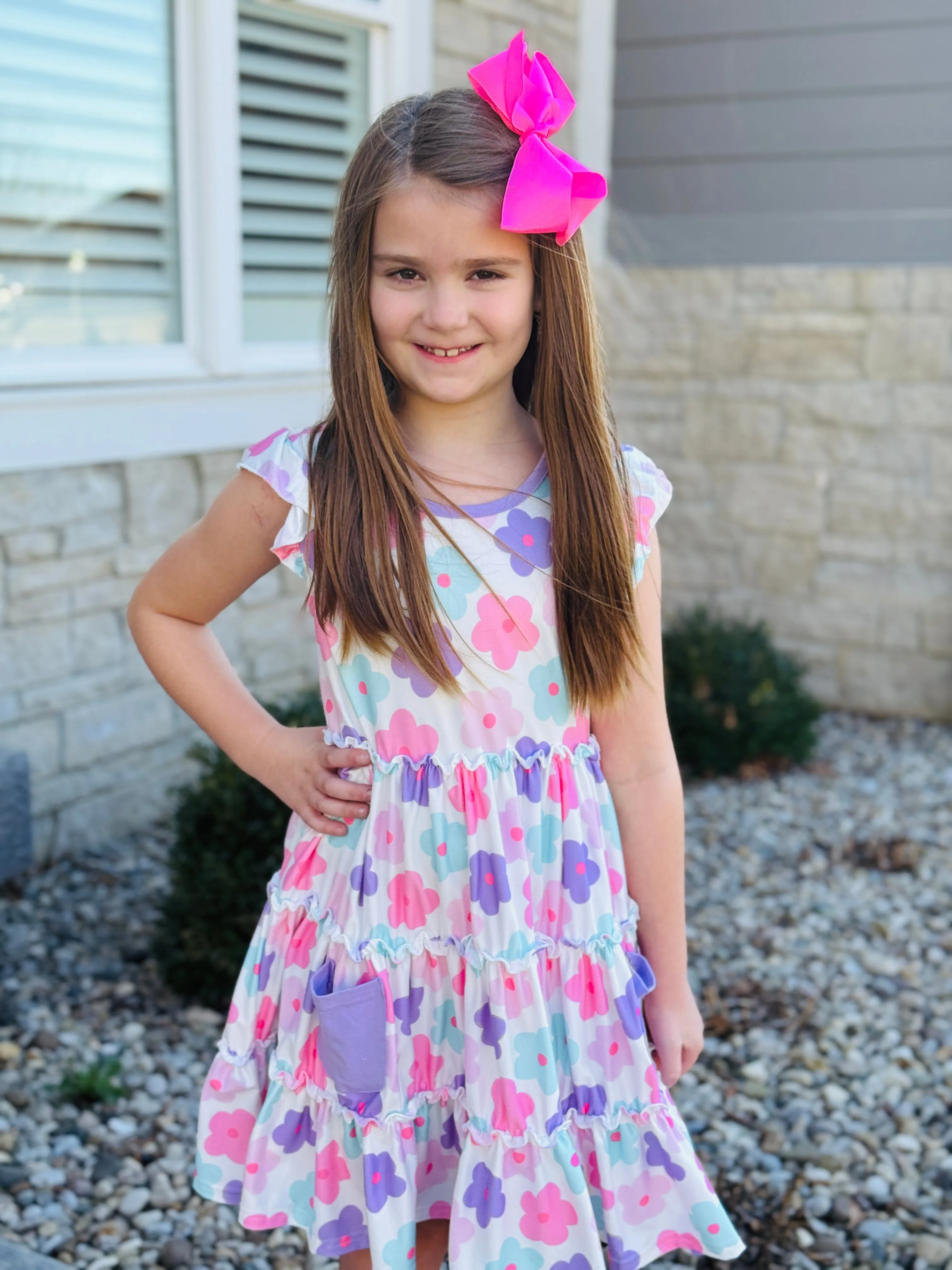 All Time Fit Sweetheart Cut Pink & Lavender Floral Ruffle Tier Dress