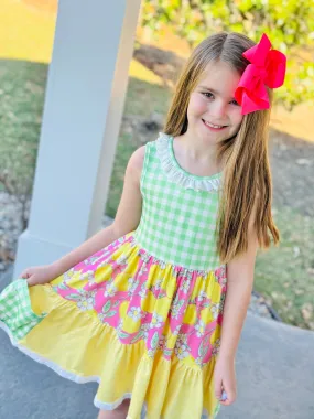 Pink Lemonade Mix Pattern Ruffle Tiered Dress Shirred-Detail Sharp Motion