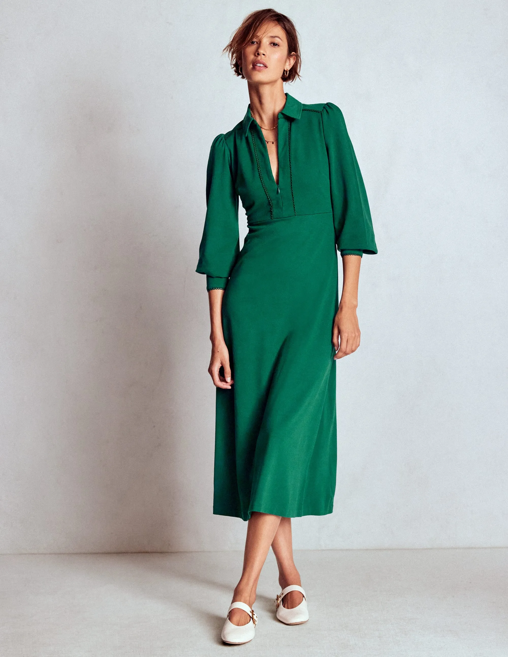 Pip Zip-Up Ponte Midi Dress-Emerald Night Comfortable and Flattering