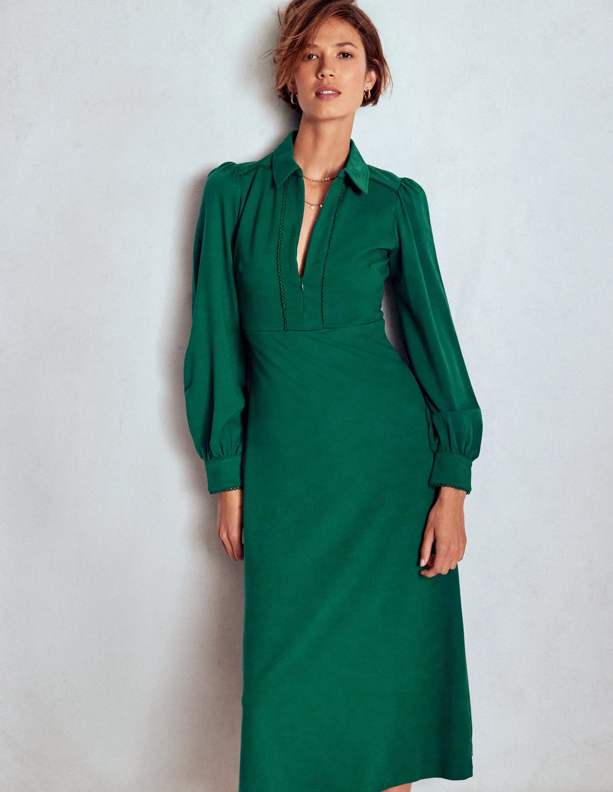 Pip Zip-Up Ponte Midi Dress-Emerald Night Joy Glow Smooth Tone