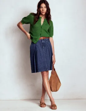 Pleated Denim Skirt-Mid Wash Linen blend