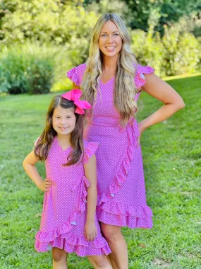 Mom & Me Pink Bubblegum Polka Dot Wrap Ruffle Dress Elegant Waist Fit Flow Ready