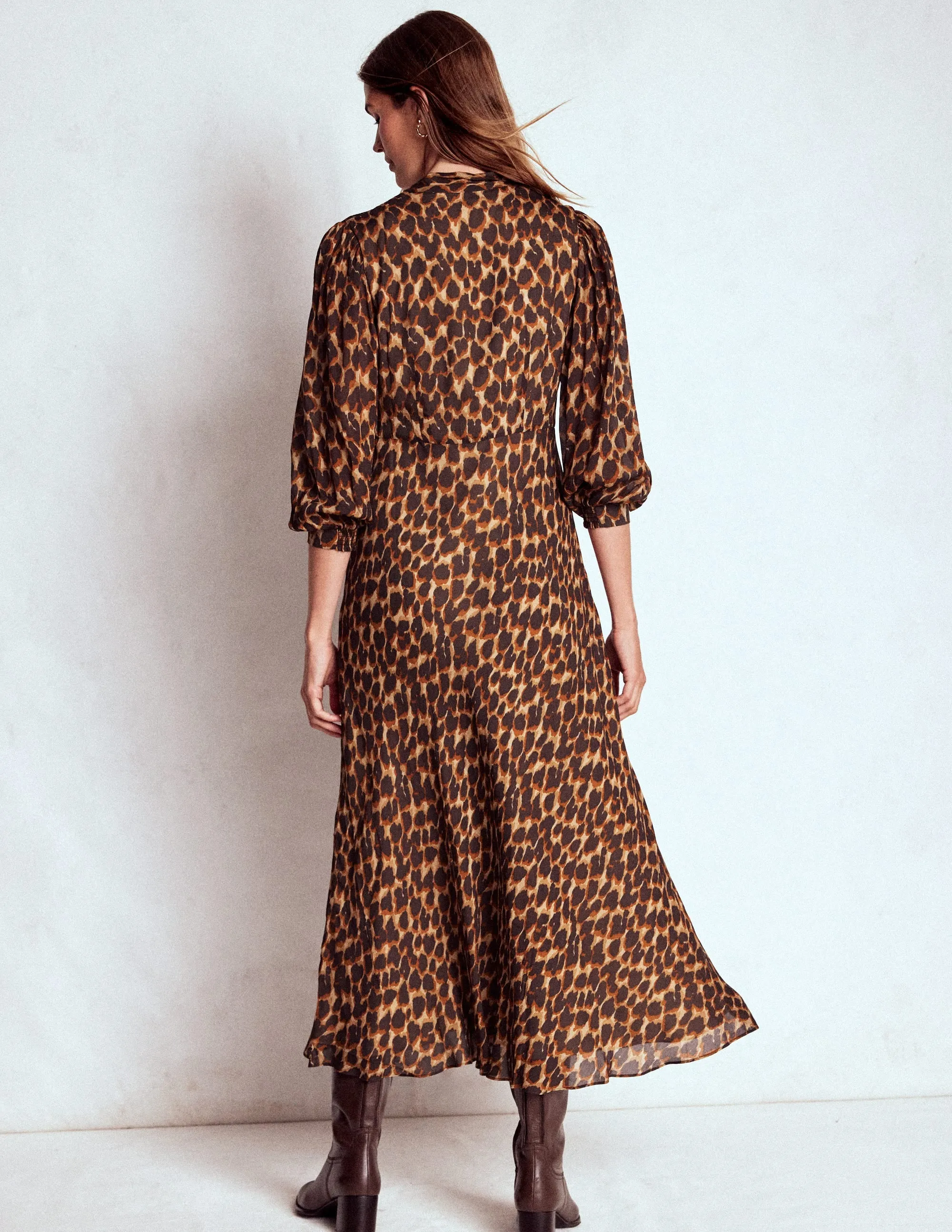Brooke Tie Neck Tea Dress-Sand, Abstract Leopard Spot Breeze Grace Comfortable Silhouette