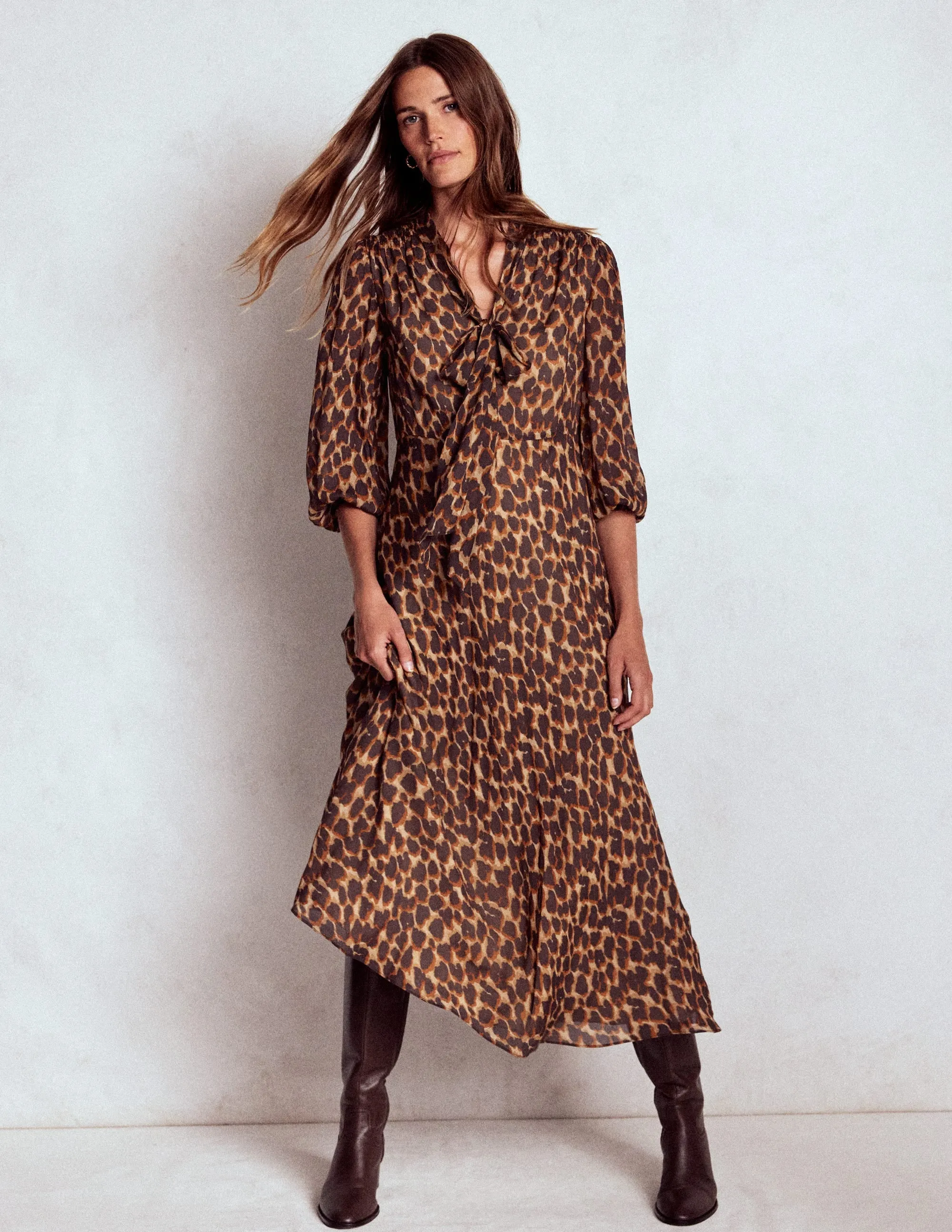 Brooke Tie Neck Tea Dress-Sand, Abstract Leopard Spot Comfort Stretch