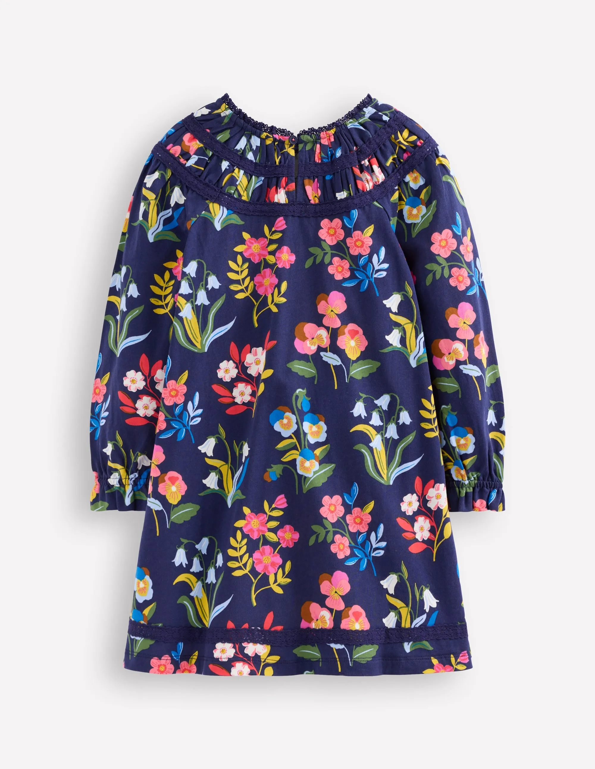 Pretty Lace Trim Jersey Dress-College Navy Pansy Bed Semi Sheer