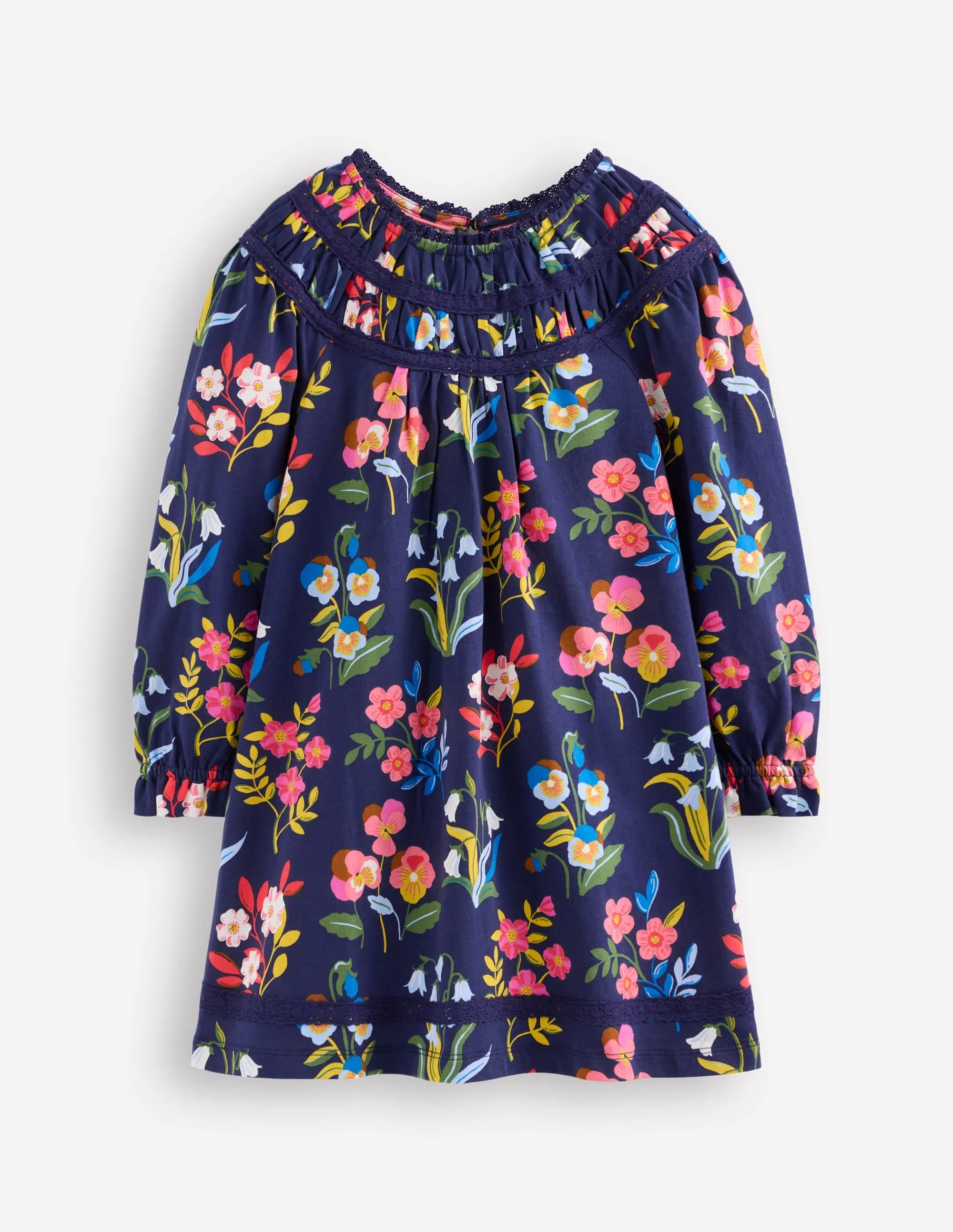 Versatile Layer Wear Pretty Lace Trim Jersey Dress-College Navy Pansy Bed