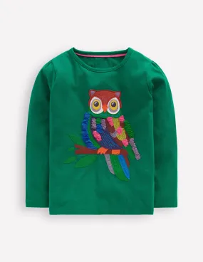 Bonded Hemline FlexibleRibbing Puff Sleeve Appliqu??  T-shirt-Green Owl