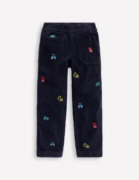 Pull-on Cord Trousers-Construction Embroidery Chill Style Light Fit Wear