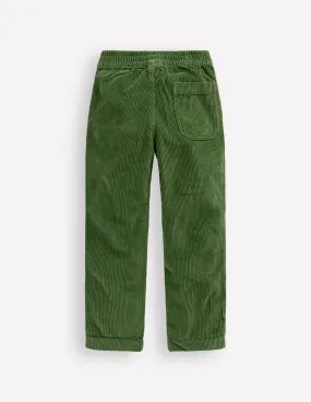 Pull-on Cord Trousers-Promenade Green Ripstop Fabric Technology Minimal Fit