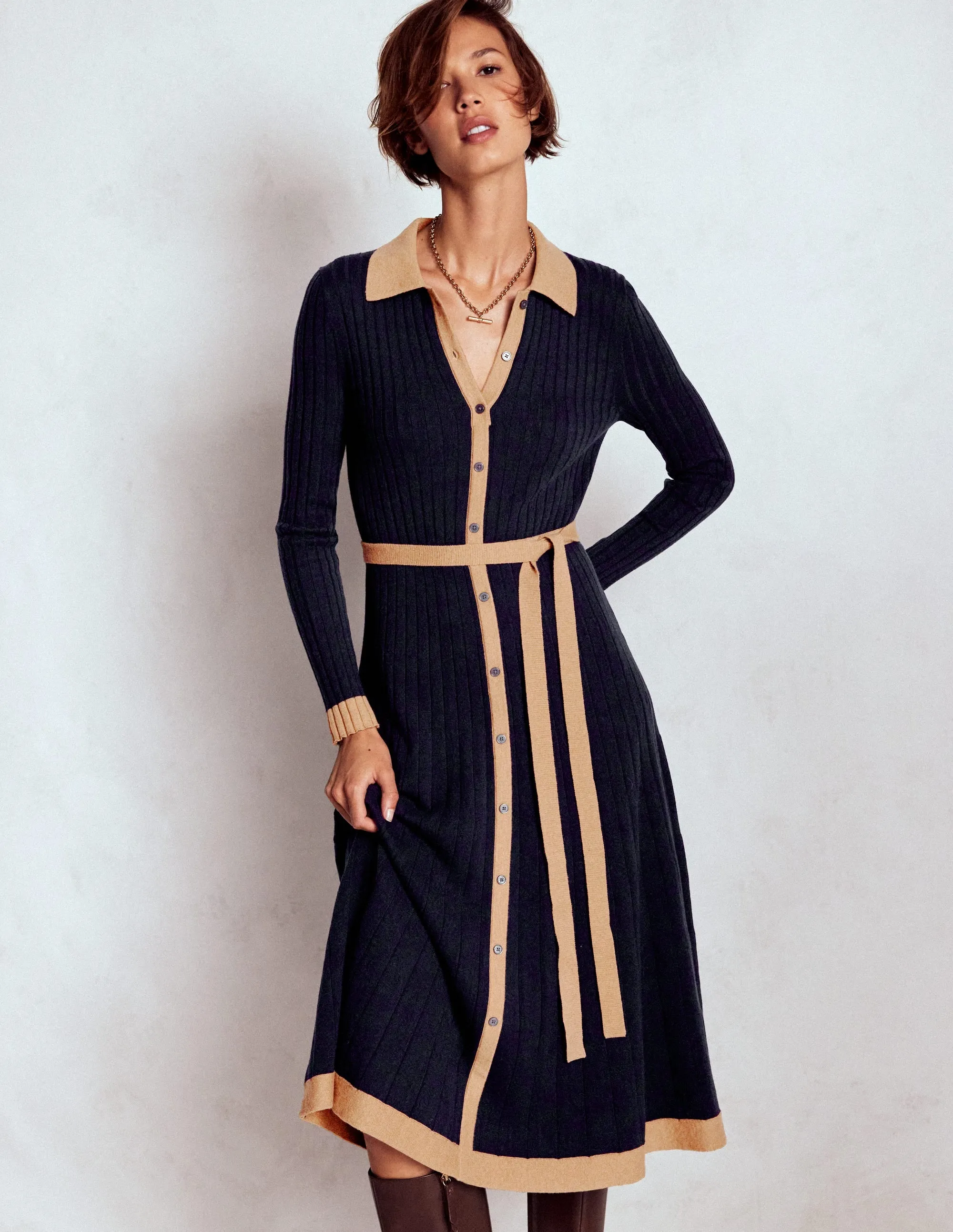 Rachel Knitted Shirt Dress-Navy Color-Blocked Dance-Party