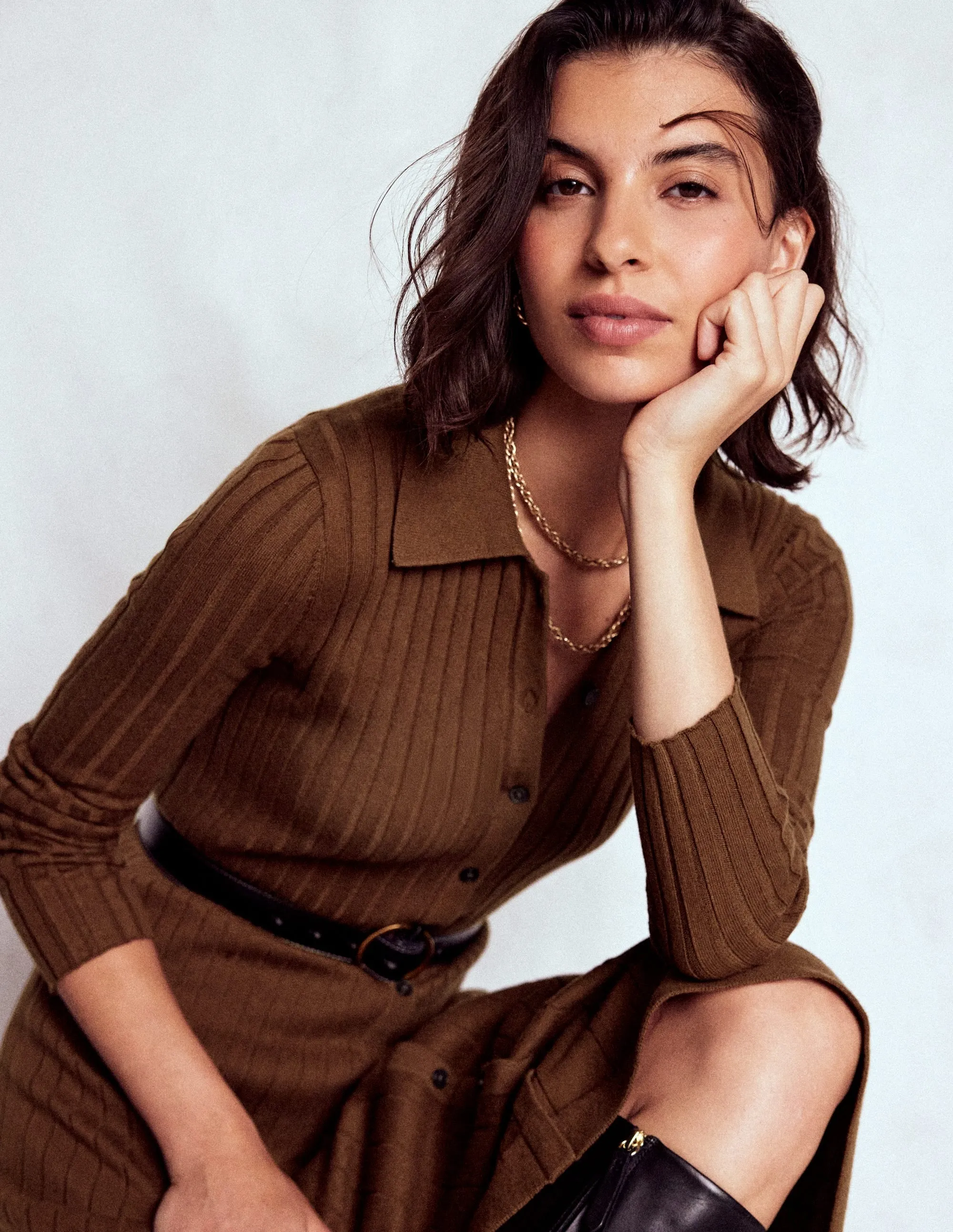 Rachel Knitted Shirt Dress-Raw Umber Chic and Flattering Easy Comfort