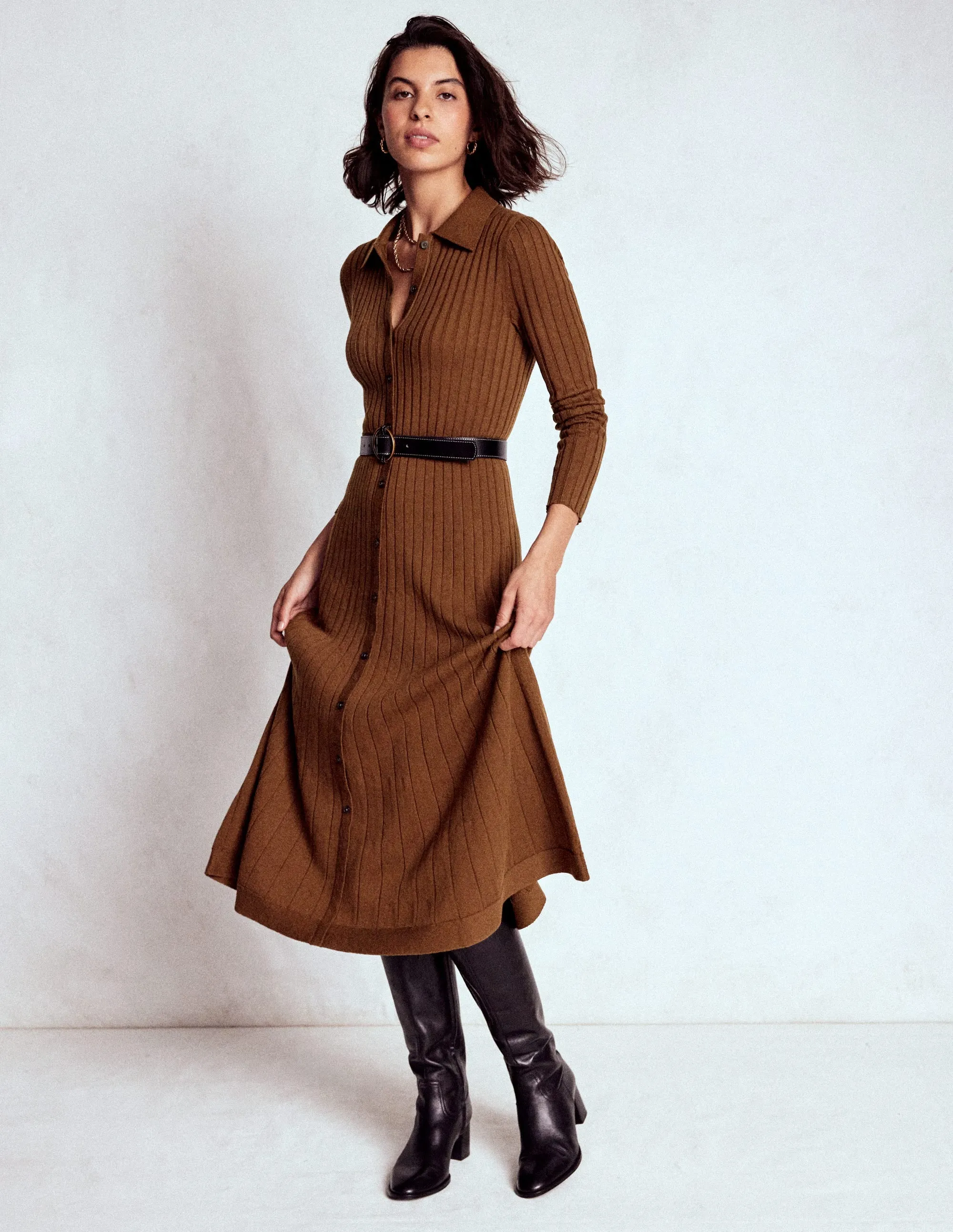 Zip-Closure FlexibleClosure Rachel Knitted Shirt Dress-Raw Umber
