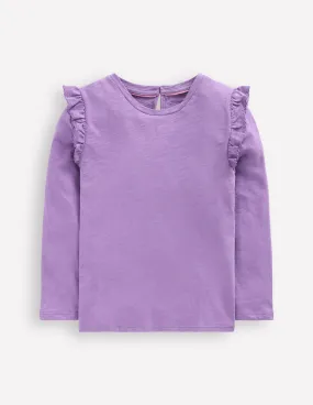 AdjustableNeckline Relaxed Sweatshirt Frill Sleeve Slub Top-Aster Purple
