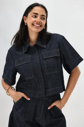 Retro design Shine On Label Kayce Rinse Wash Resort Boxy Shacket Dark Indigo