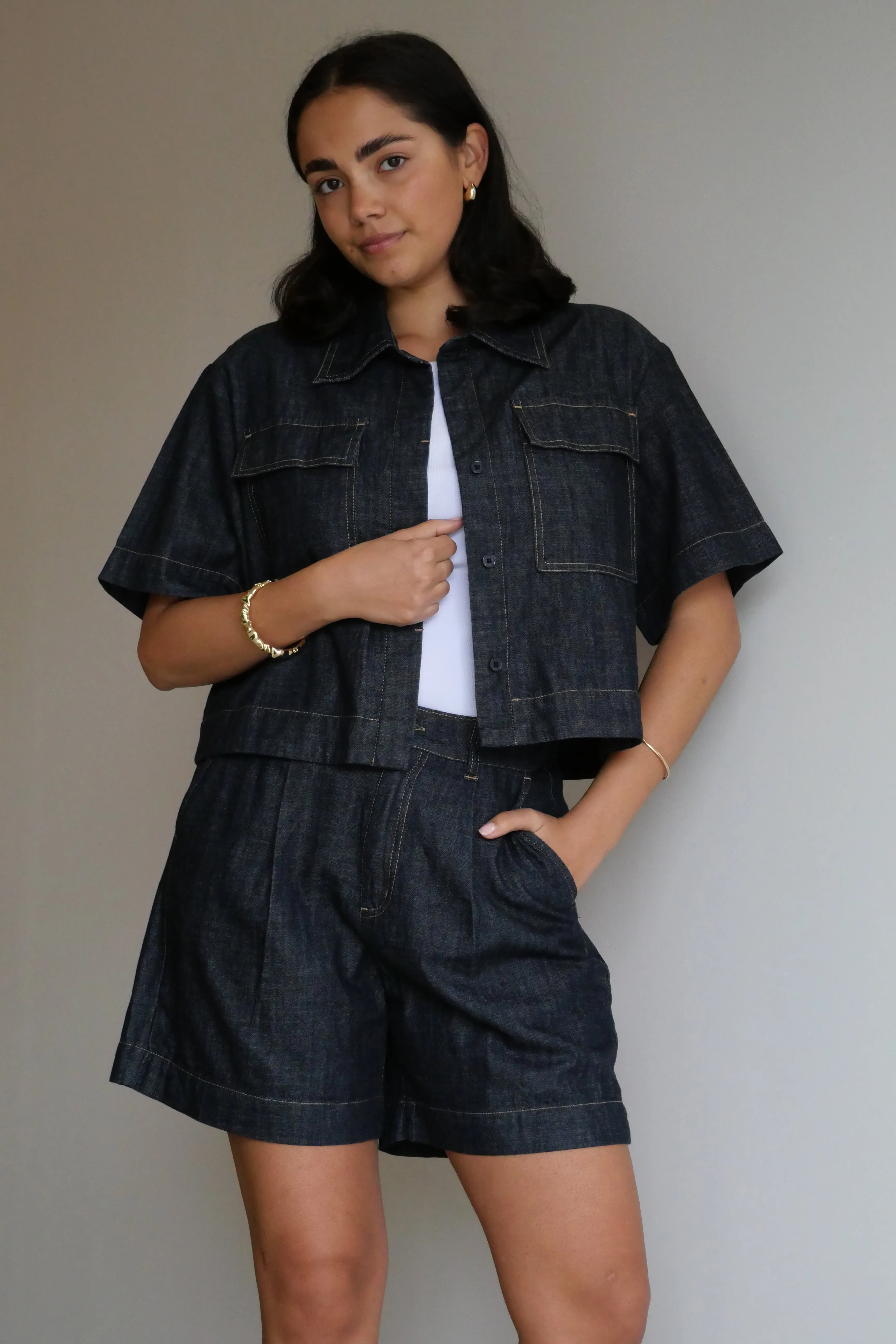 ReinforcedShoulders Self Fabric Tie Shine On Label Kayce Rinse Wash Resort Boxy Shacket Dark Indigo