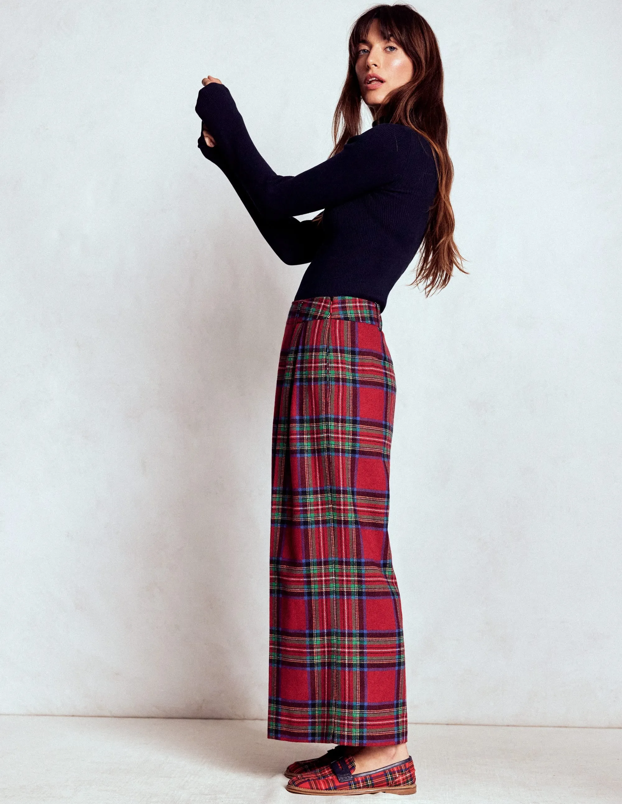 Non slip grip Pleated Wool Culottes-Red, Blue and Green Check