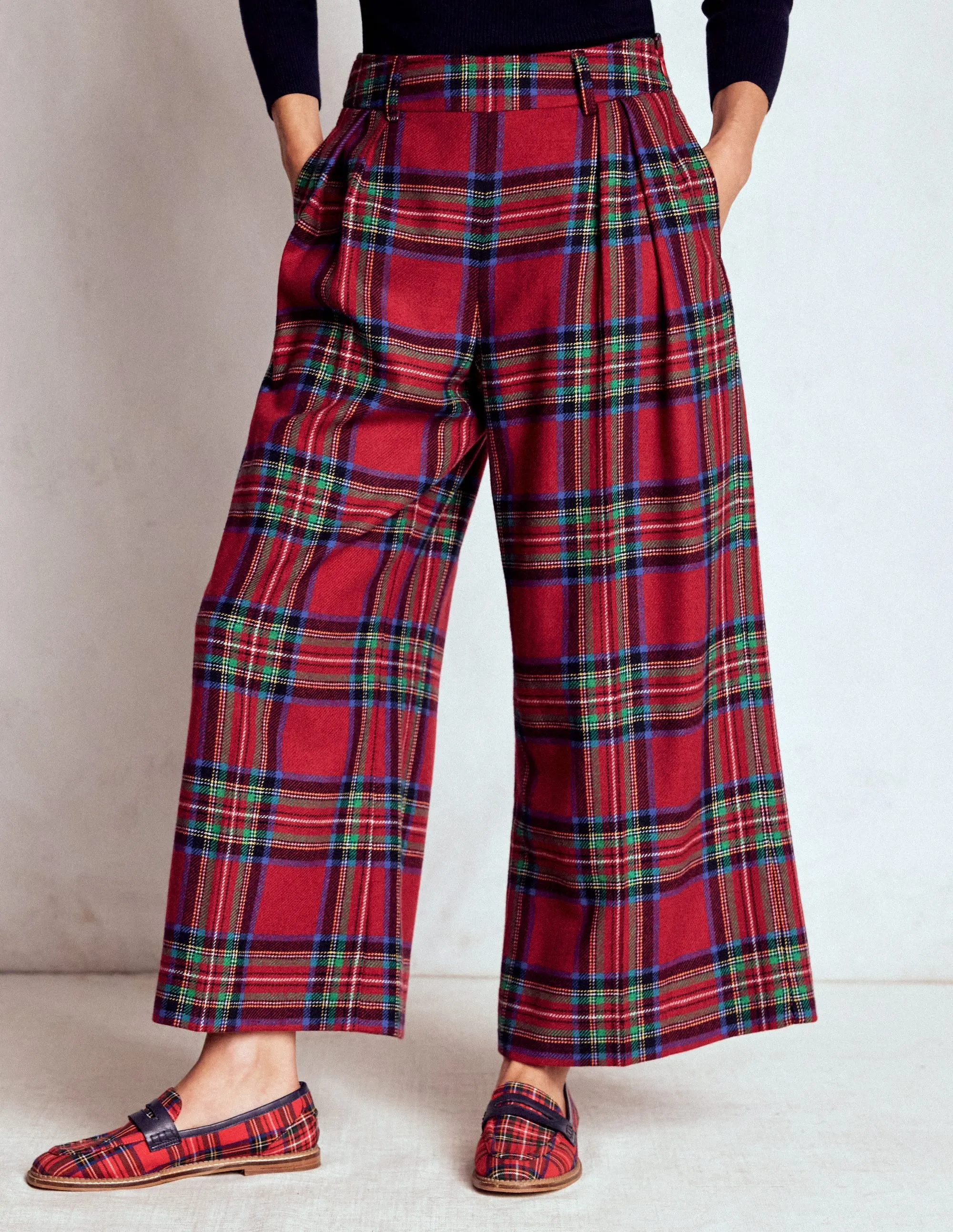 Body Movement EcoFriendlyBlend Pleated Wool Culottes-Red, Blue and Green Check
