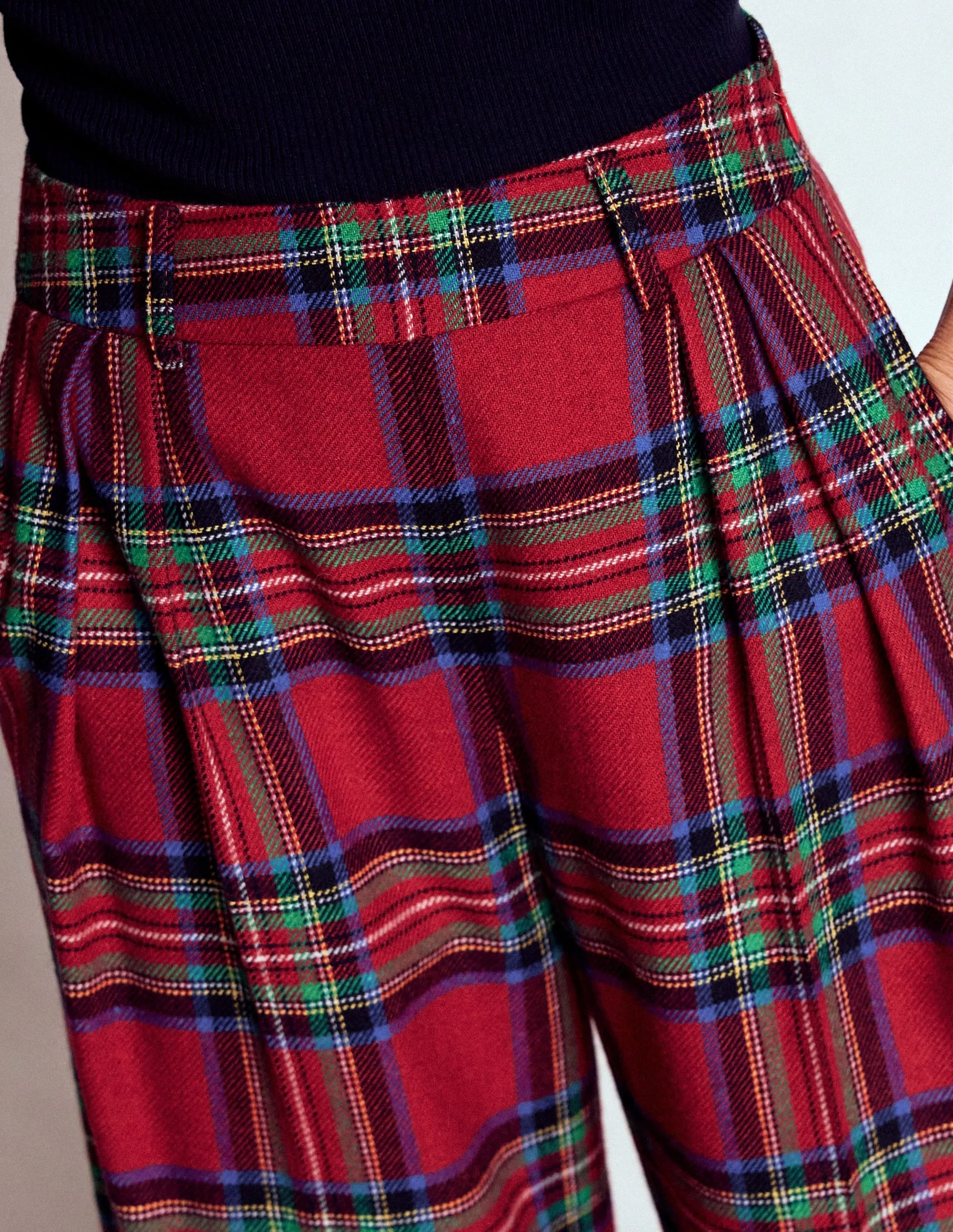 Rugged Comfort Pleated Wool Culottes-Red, Blue and Green Check