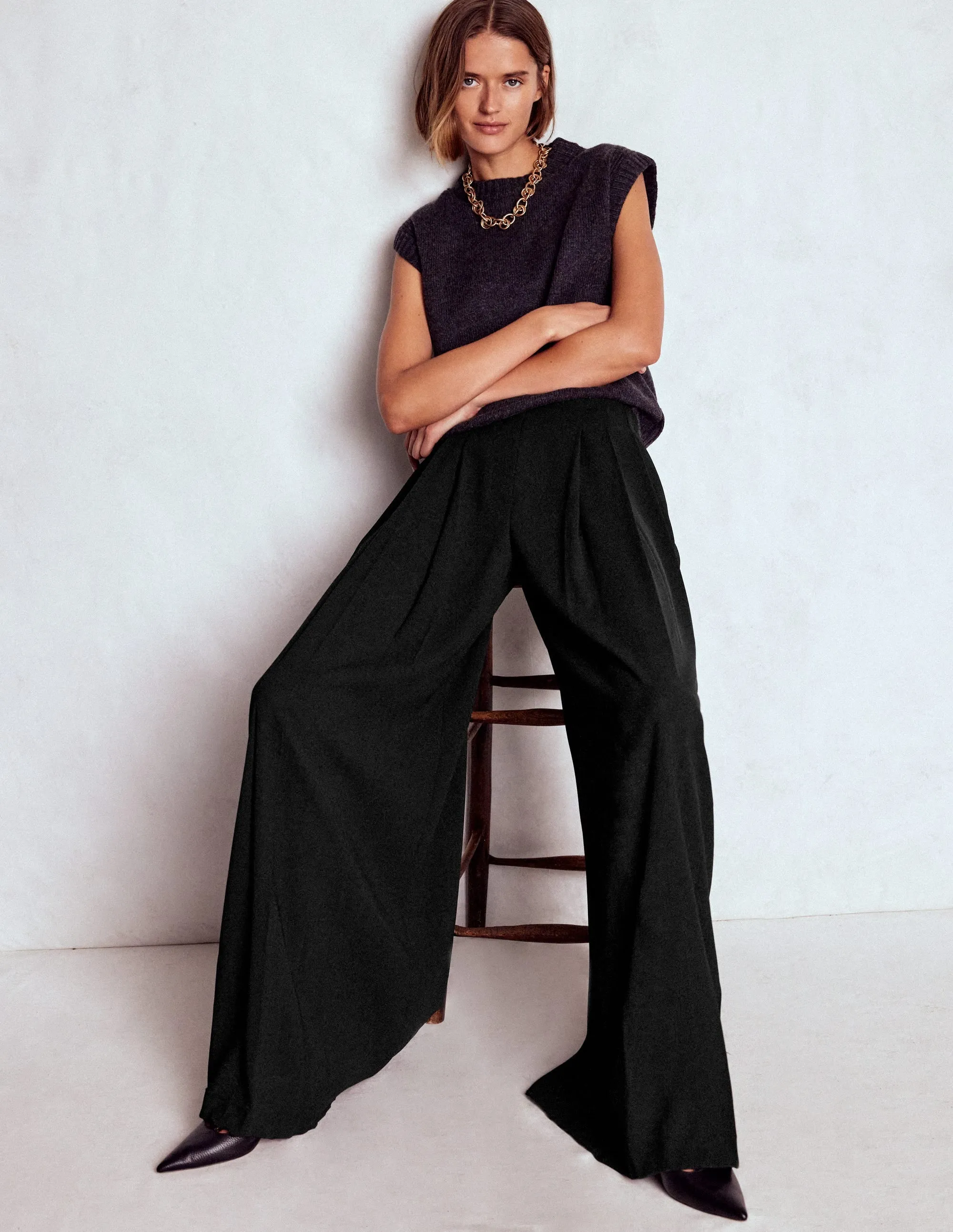 Regent Wide Leg Trousers-Black Thermal Lining HighRiseWaist